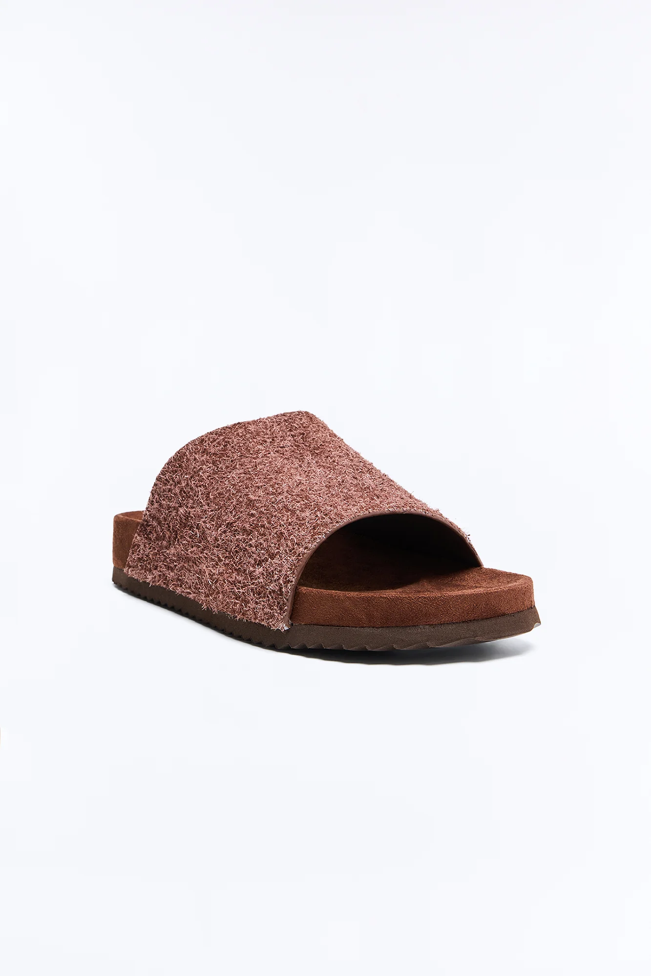 Genuine Suede Textured Slip On Slide - Brown - Image 4
