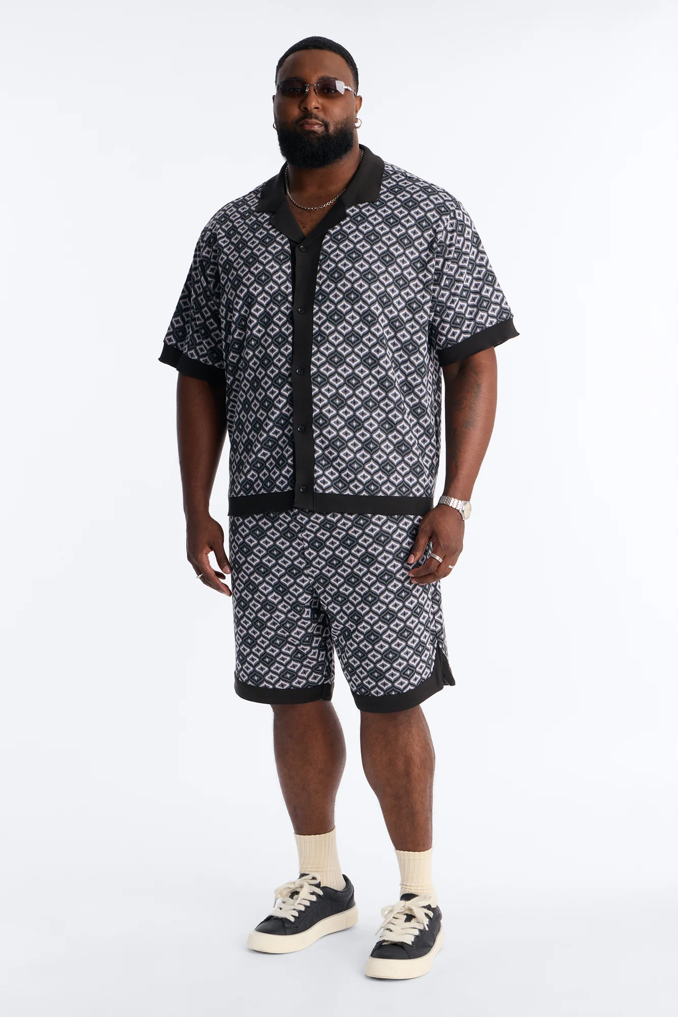 Geometric Jewel Jacquard Button Up Shirt - Grey - Image 5