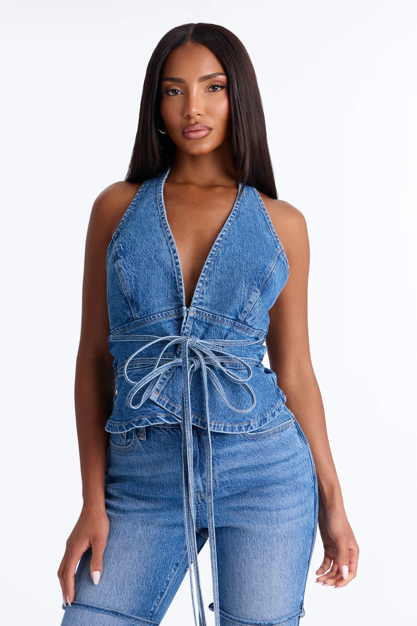 Georgia Lace Up Denim Pant Set - Medium Wash - Image 2