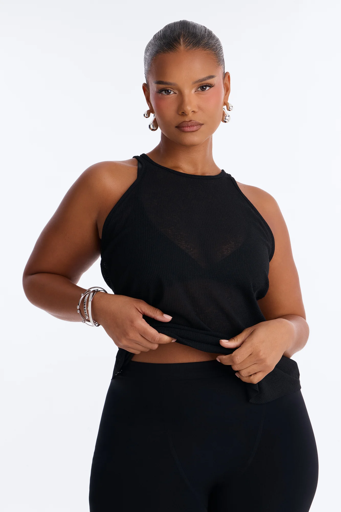 Gigi Long Ribbed Sheer Tank Top - Black - Image 5