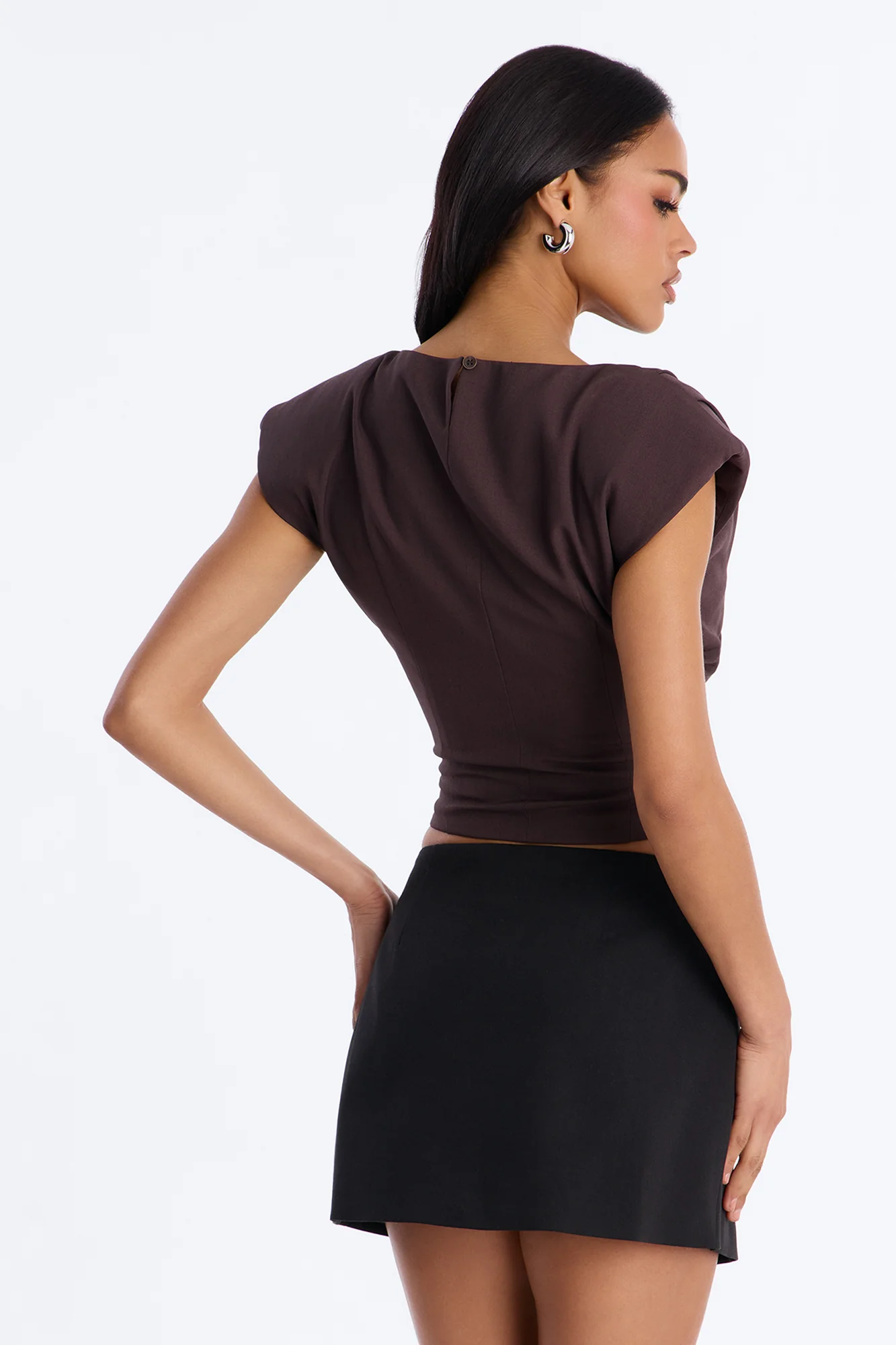 Girl At Work Shoulder Pads Ruched Top - Brown - Image 4