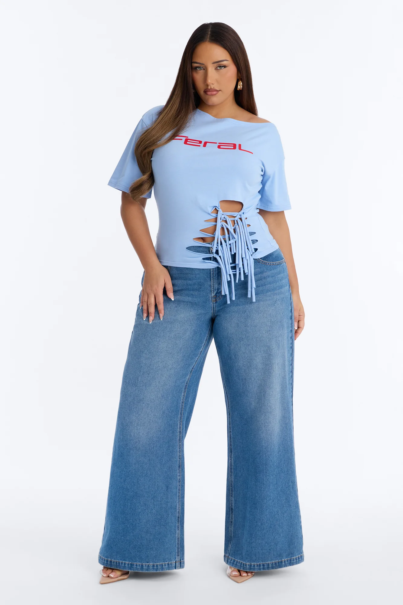 Girl Gone Feral Off Shoulder Tee - Light Blue - Image 6