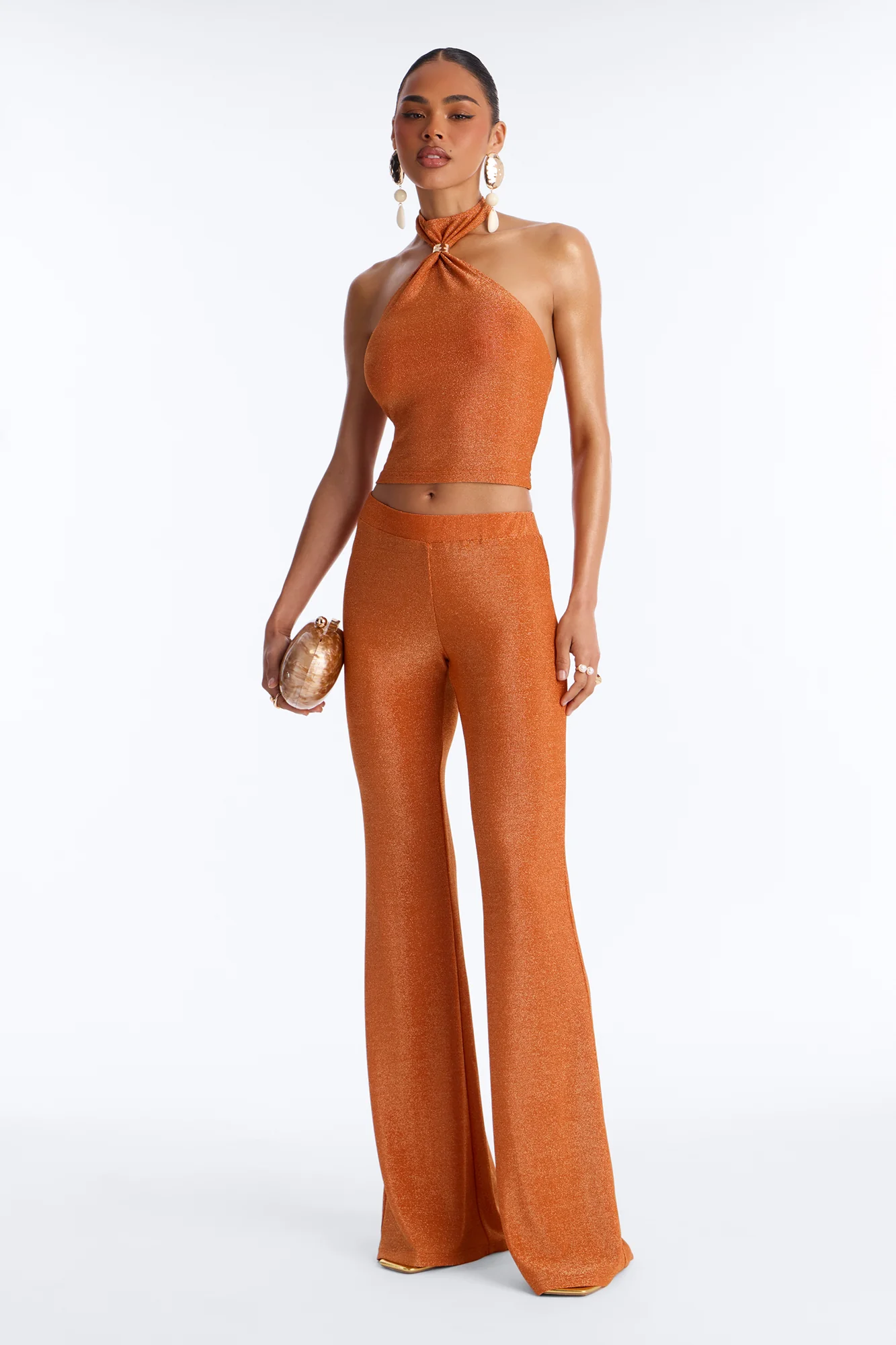 Golden Girl Metallic Knit Pant Set - Orange