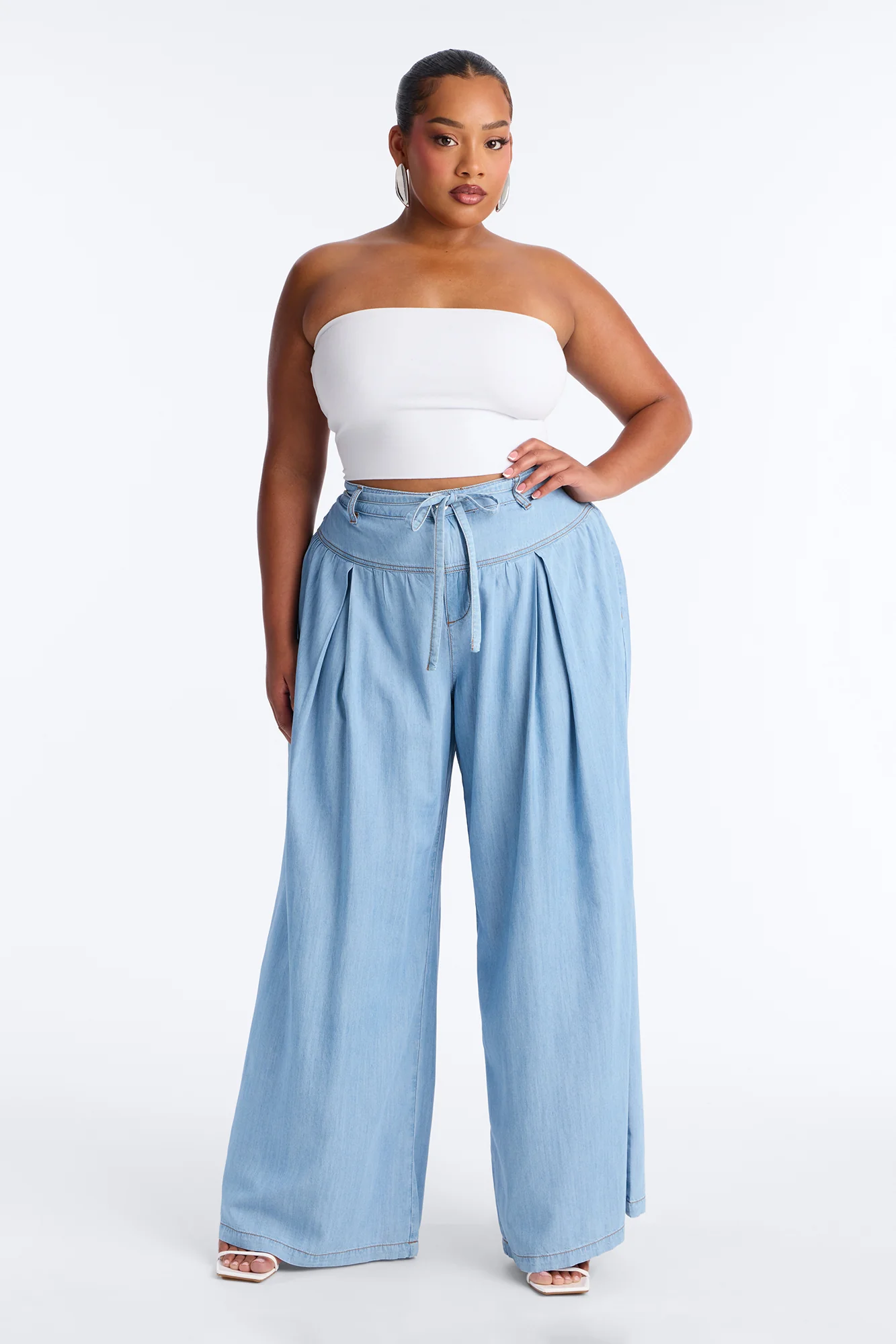 Golden Hour Chambray Tie Waist Pant 33″ - Light Wash - Image 5