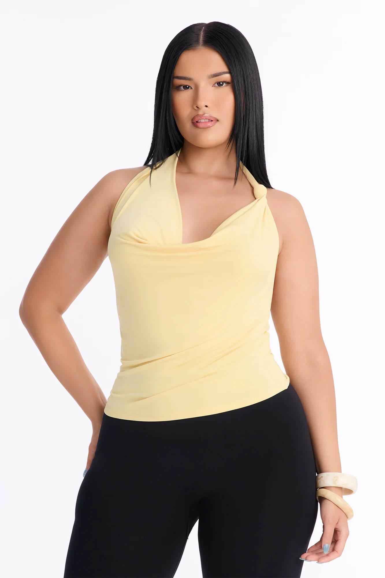 Golden Hour Cowl Neck Knot Halter Top - Butter Yellow - Image 5