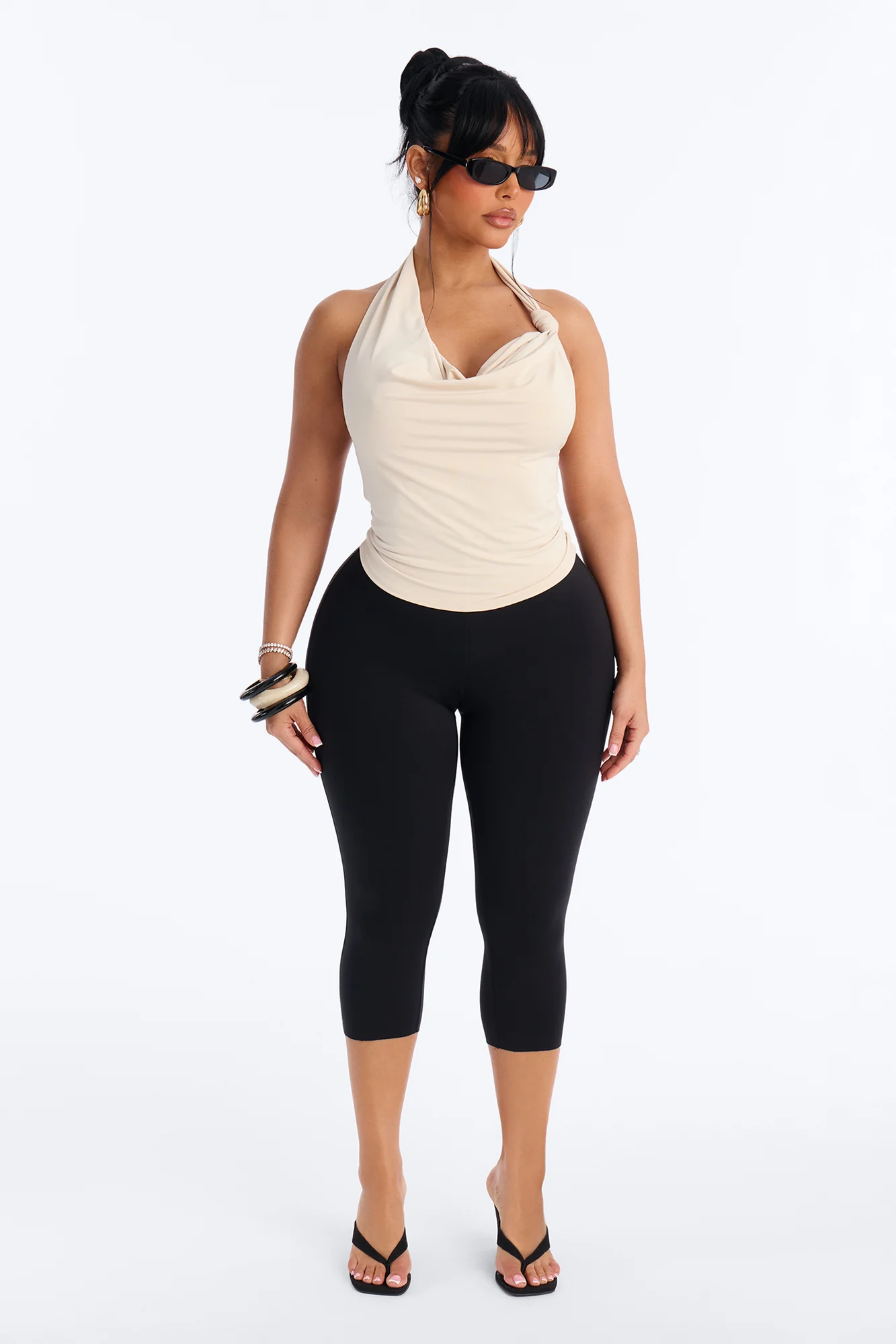 Golden Hour Cowl Neck Knot Halter Top - Cream - Image 2