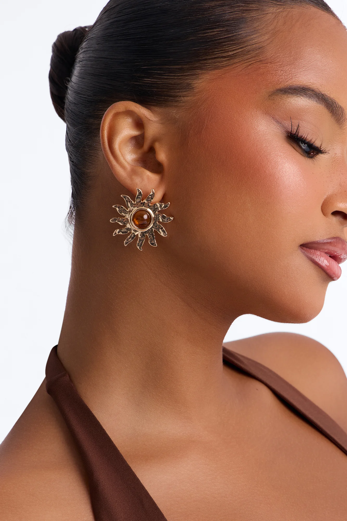 Golden Sun Jeweled Stud Earrings - Gold/Brown - Image 2