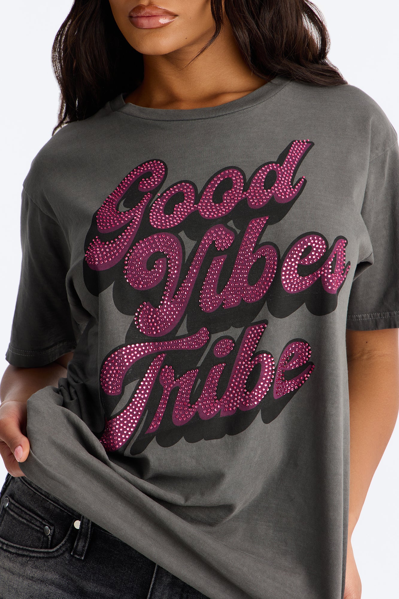 Good Vibes Tribe Washed Rhinestone Tshirt - Charcoal/combo - Image 3
