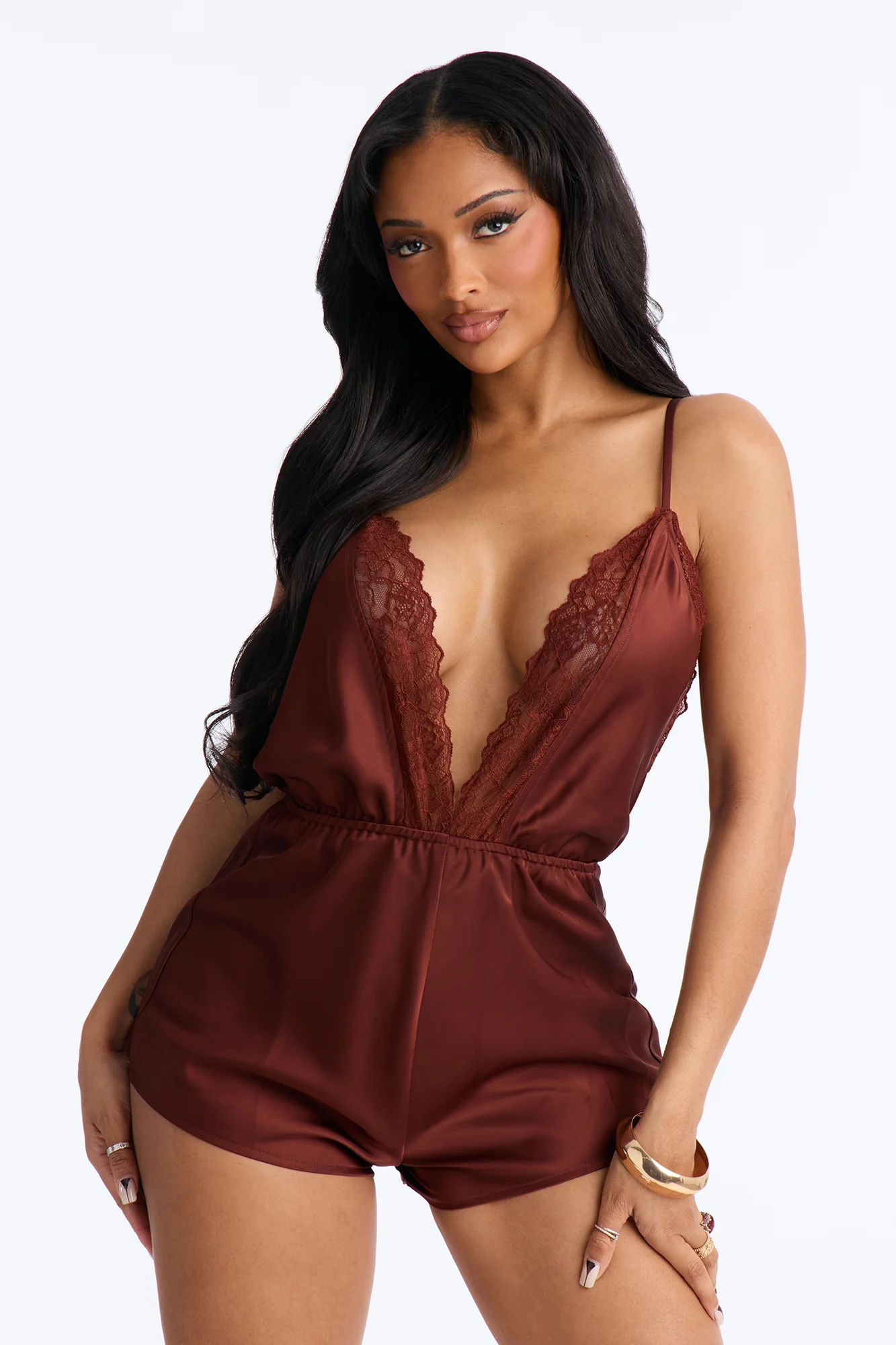 Grace Satin Backless Micro Romper - Chocolate - Image 2
