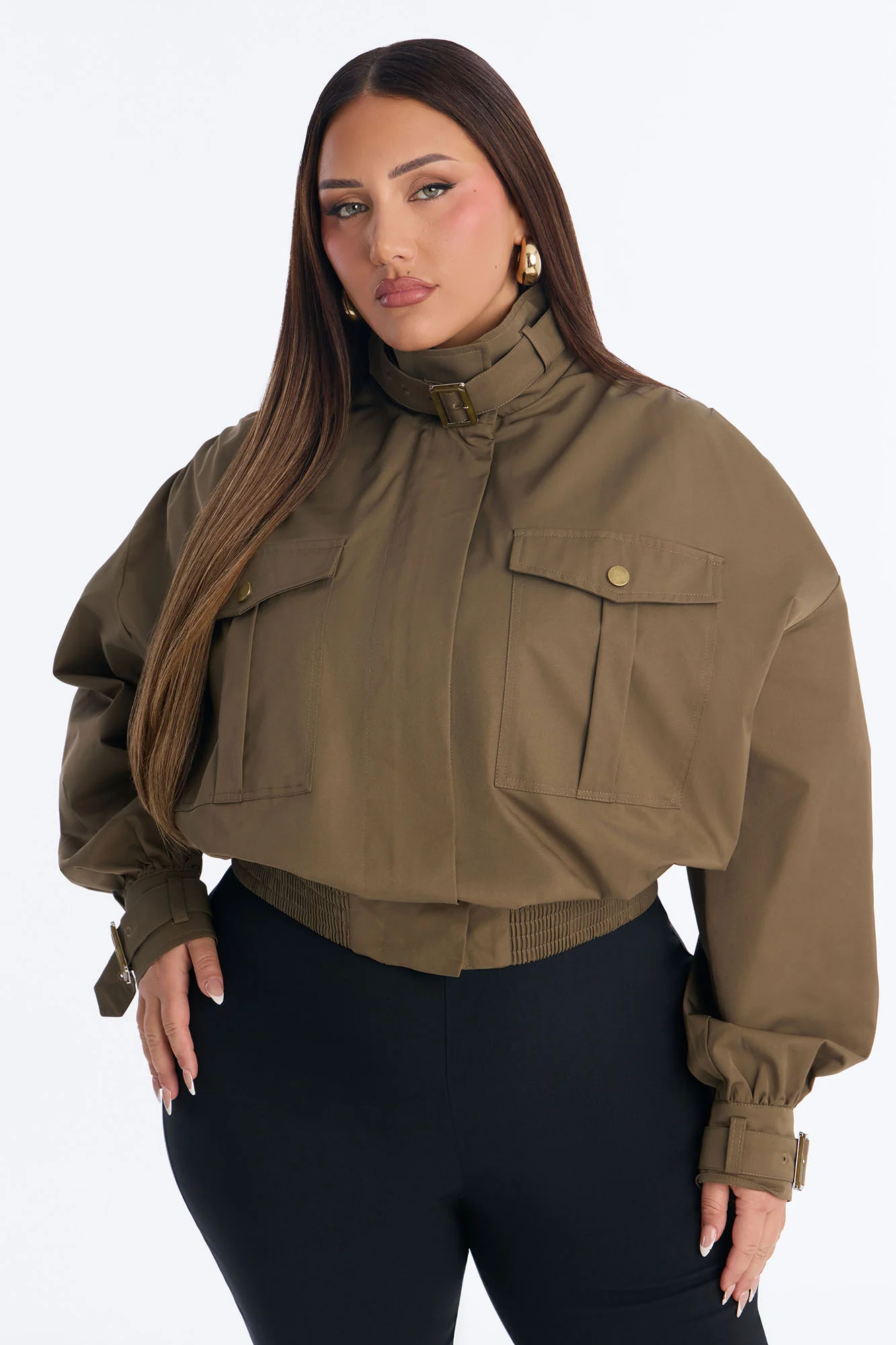 Gracelle Lightweight Twill Funnel Neck Bomber Jacket - Olive - Image 9