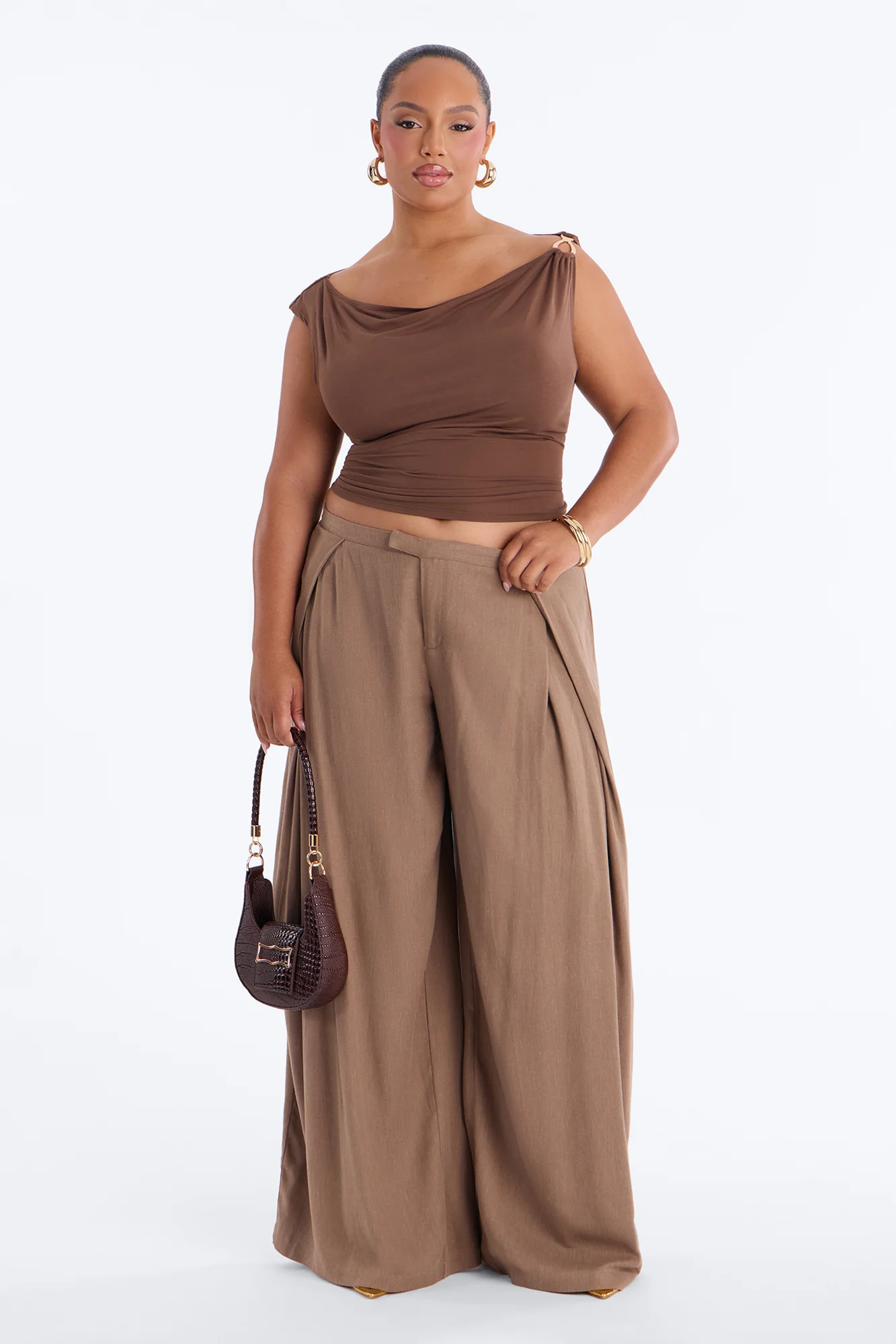 Gracie Low Rise Pleated Linen Wide Leg Trouser 33″ - Taupe - Image 5