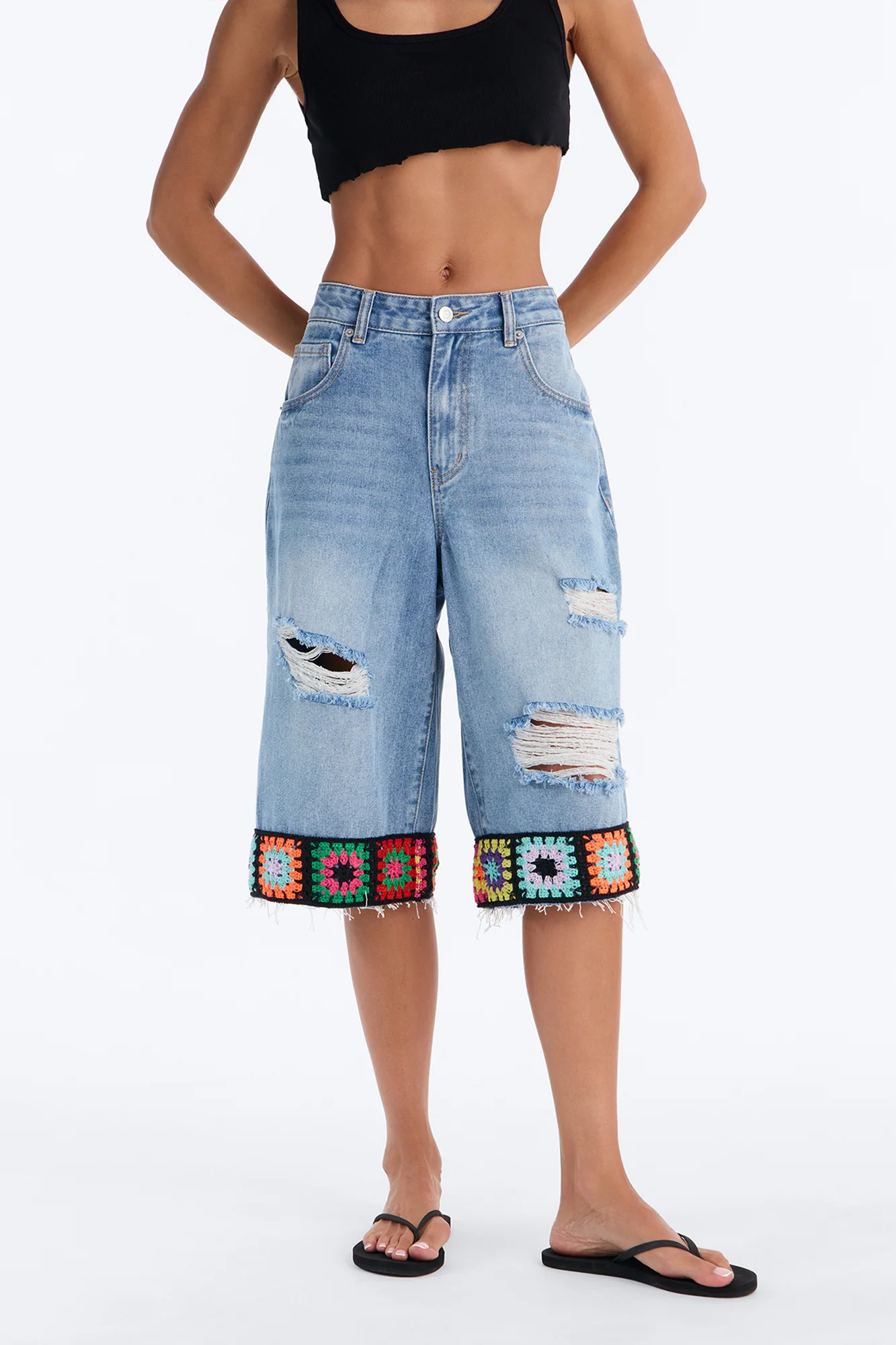 Granny Squares Crochet Trim Ripped Denim Culottes - Medium Wash