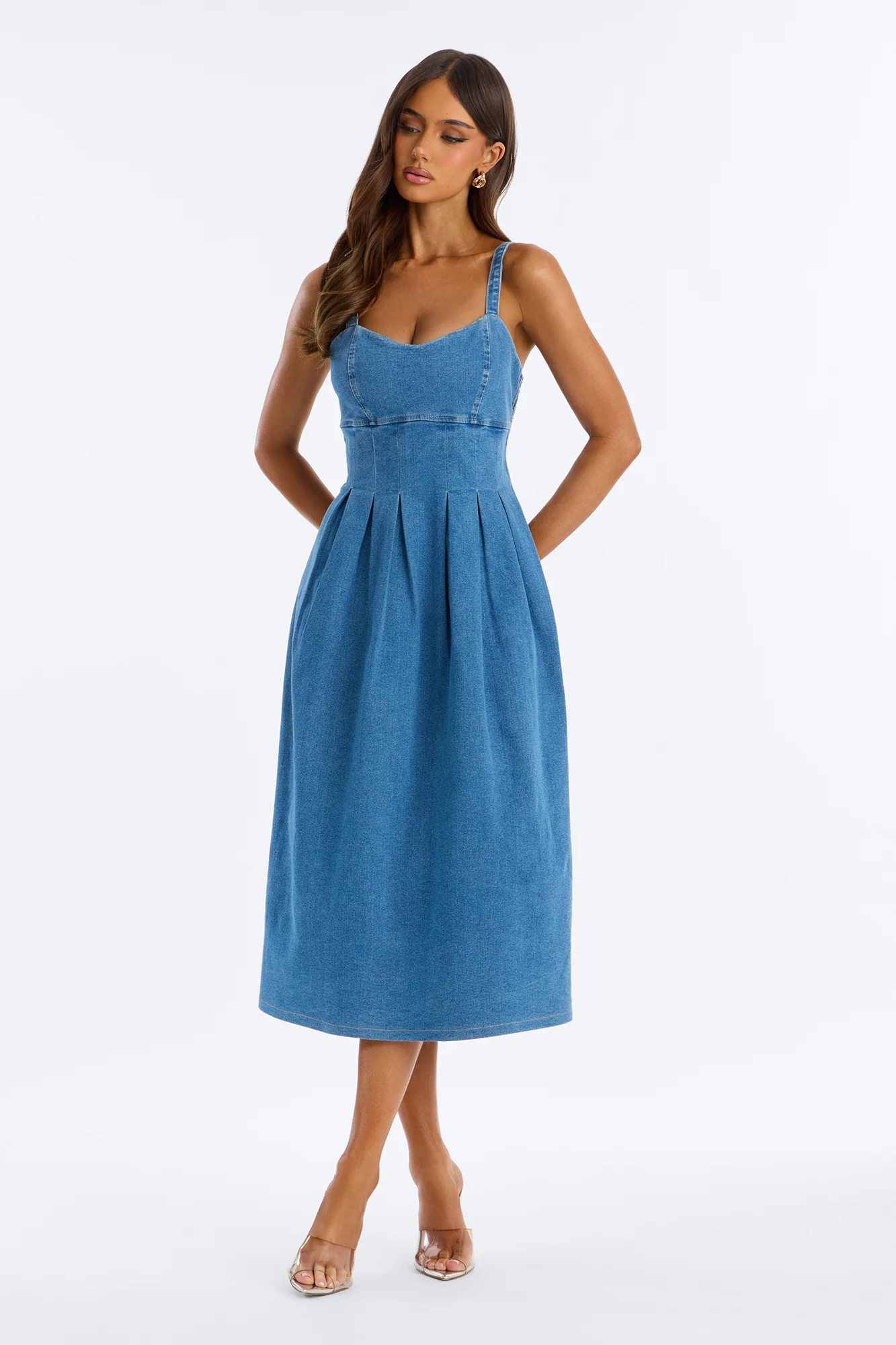 Greta Pleated Denim Midi Dress - Medium Wash