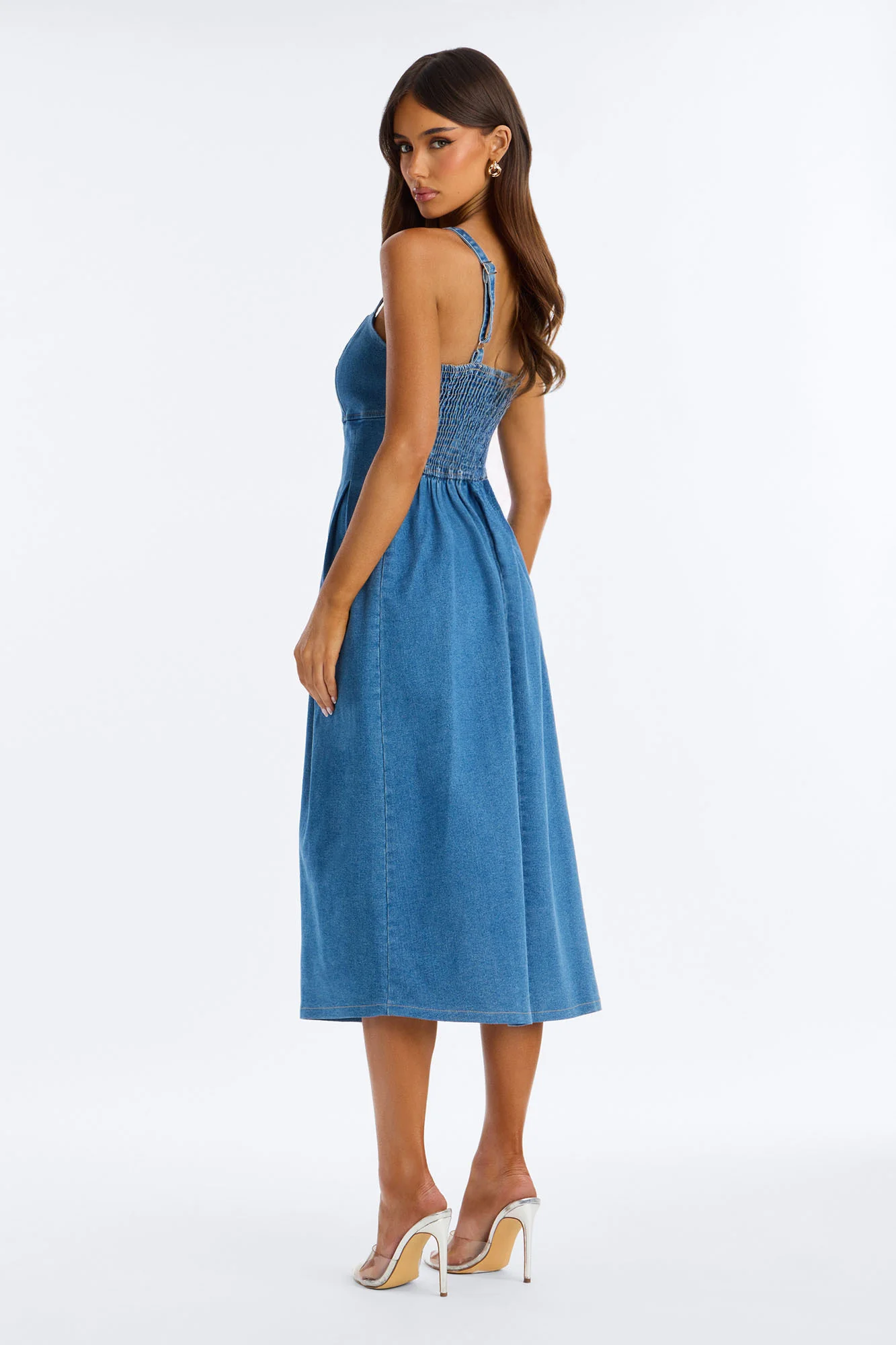 Greta Pleated Denim Midi Dress - Medium Wash - Image 3