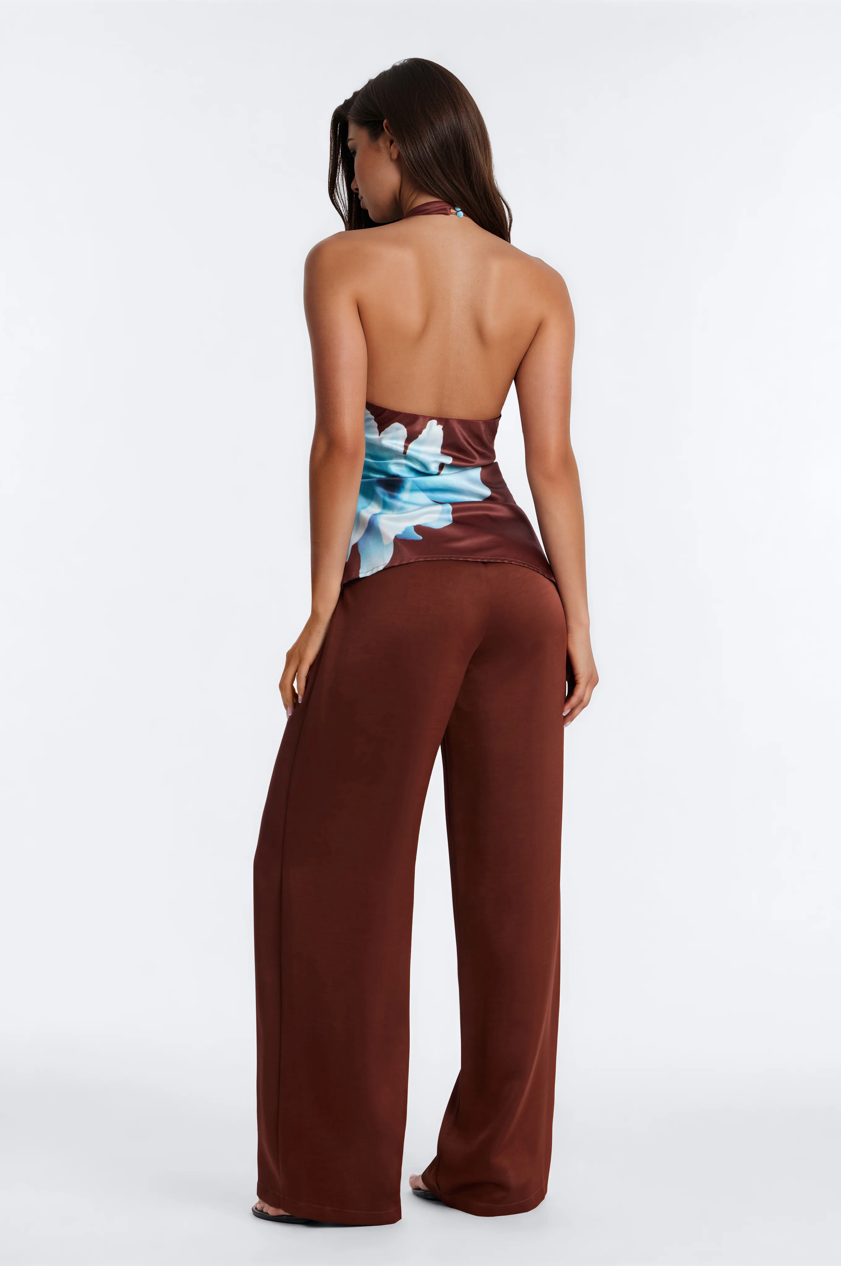 Greta Satin Floral High Neck Jumpsuit - Chocolate - Image 4
