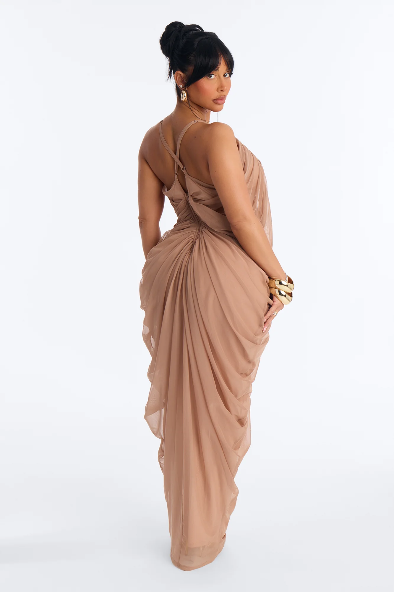 Hailey Draped Mesh Maxi Dress - Mocha - Image 3