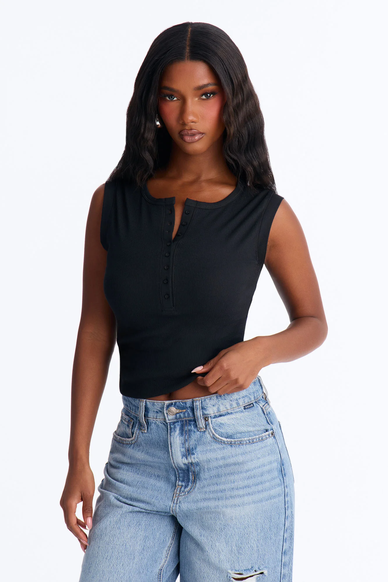Hailey Ribbed Henley Muscle Tank Top - Black - Image 2