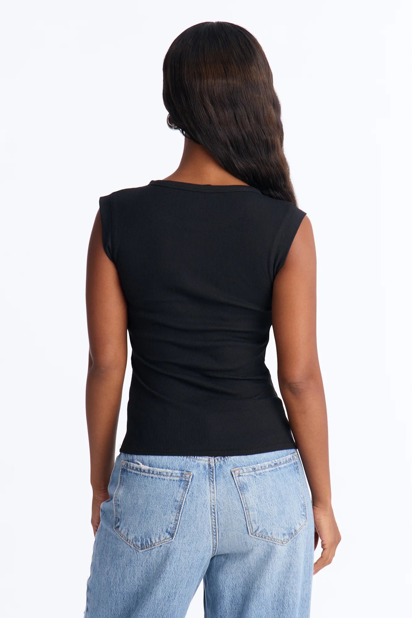 Hailey Ribbed Henley Muscle Tank Top - Black - Image 3