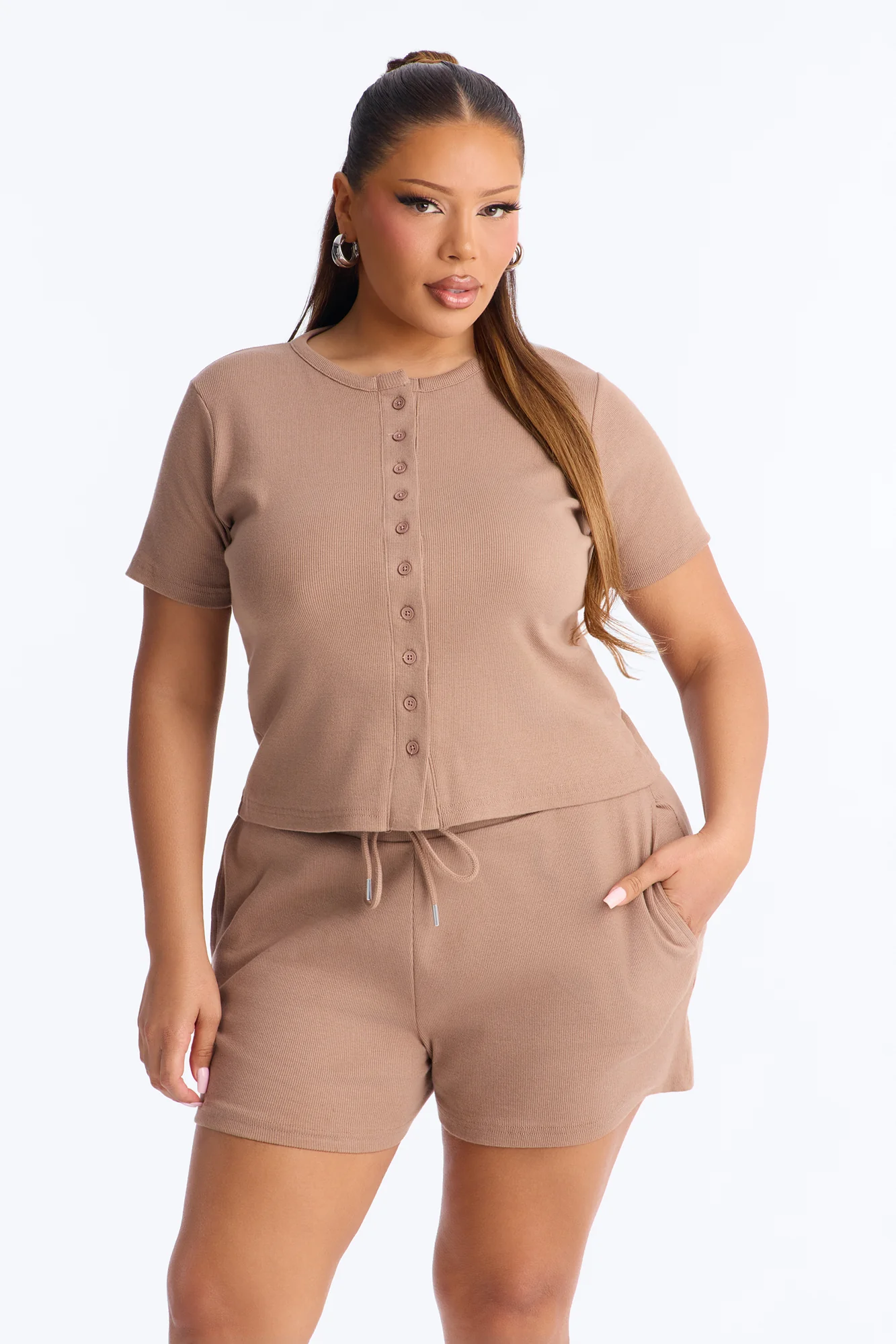 Hailey Ribbed Short Set - Mocha - Image 5