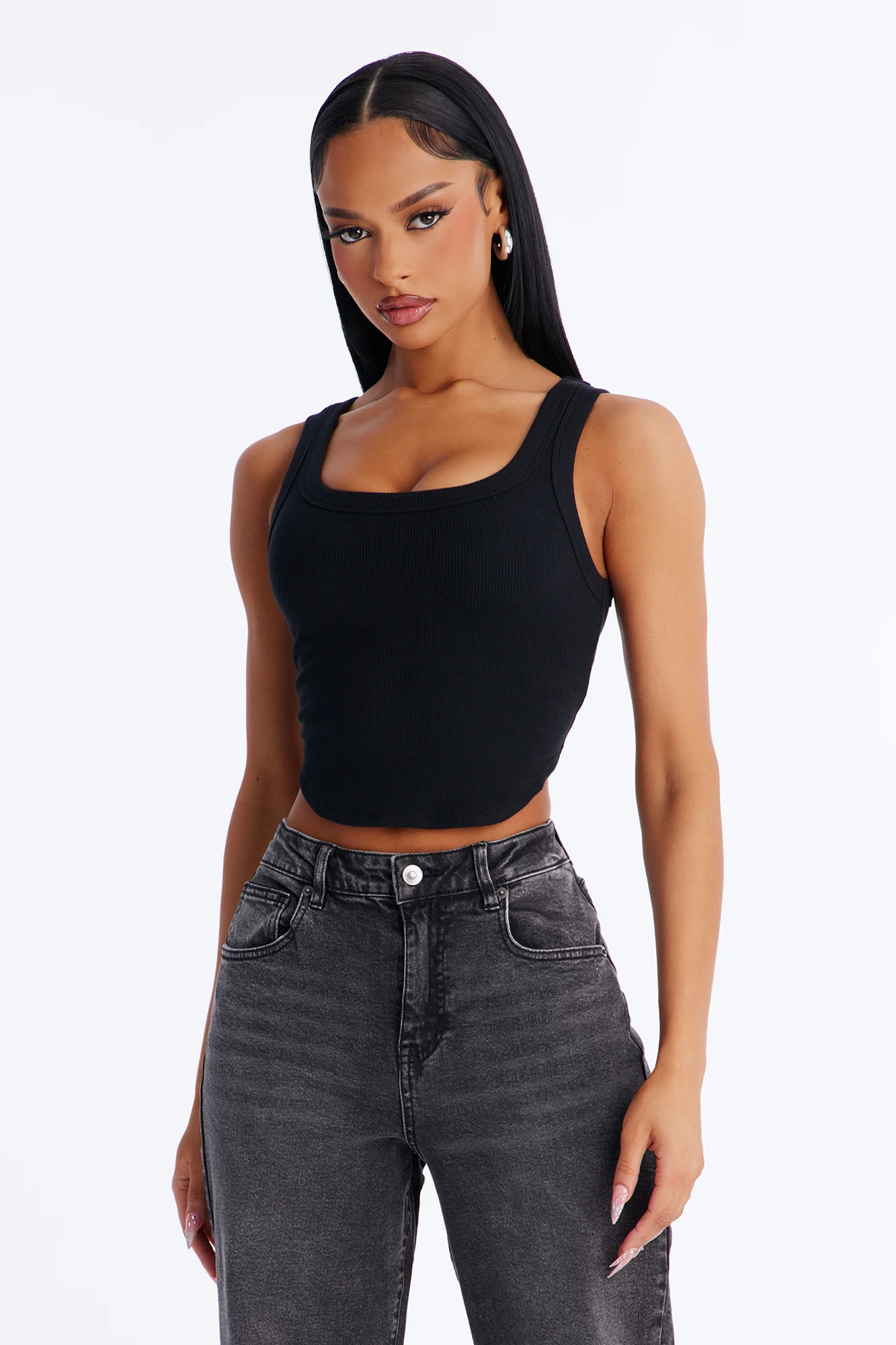 Haily Rib Square Neck Tank Top - Black