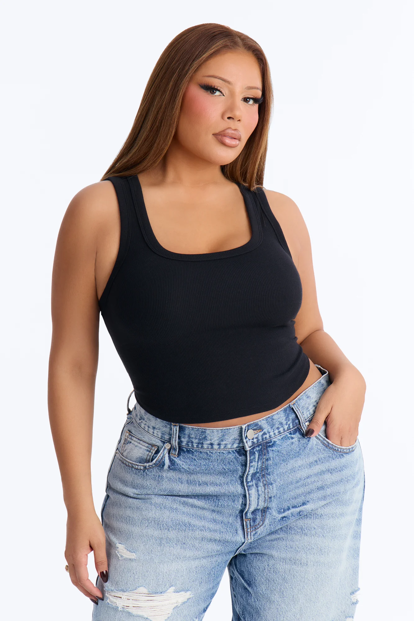 Haily Rib Square Neck Tank Top - Black - Image 5