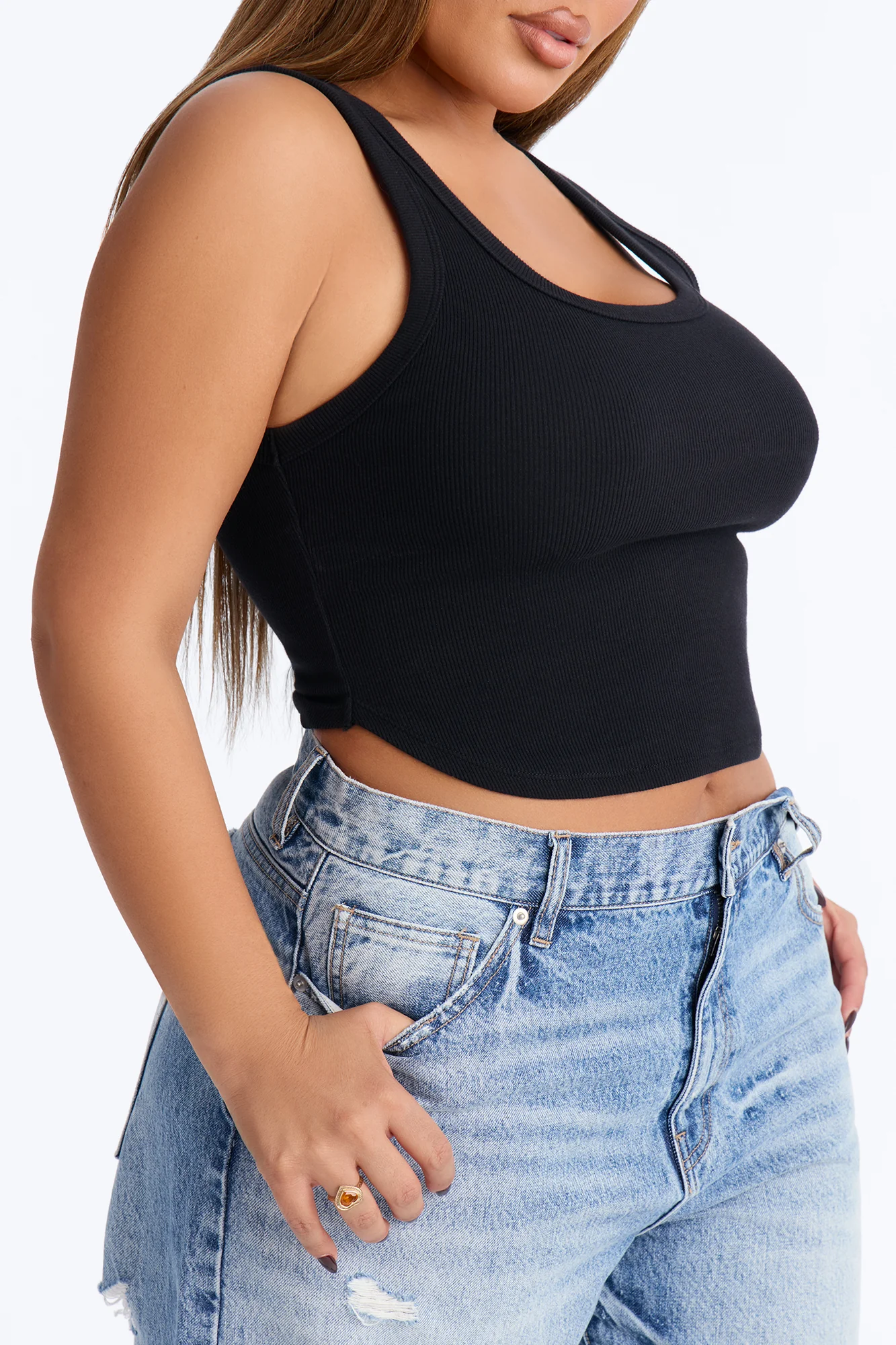 Haily Rib Square Neck Tank Top - Black - Image 7