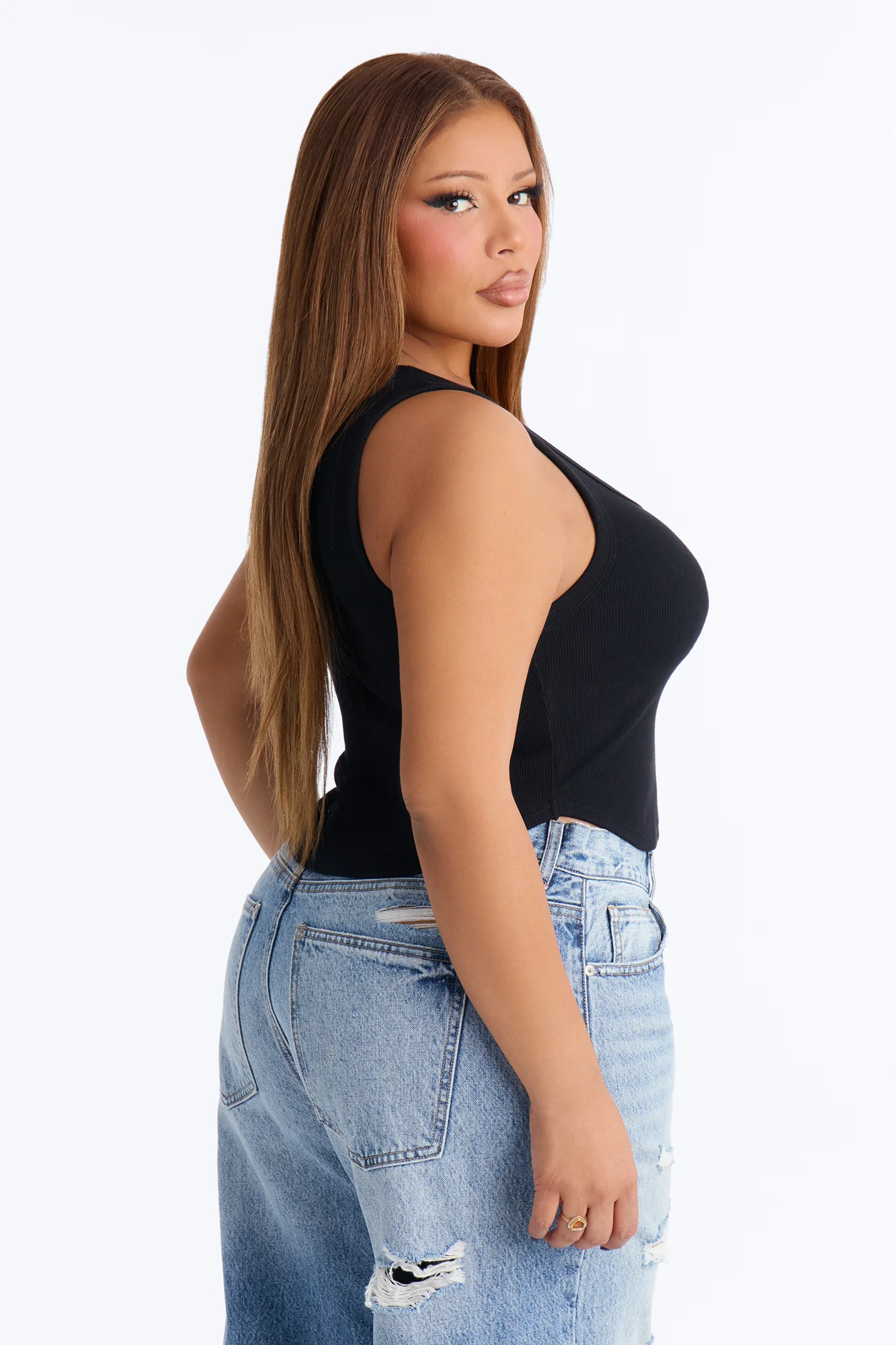 Haily Rib Square Neck Tank Top - Black - Image 8