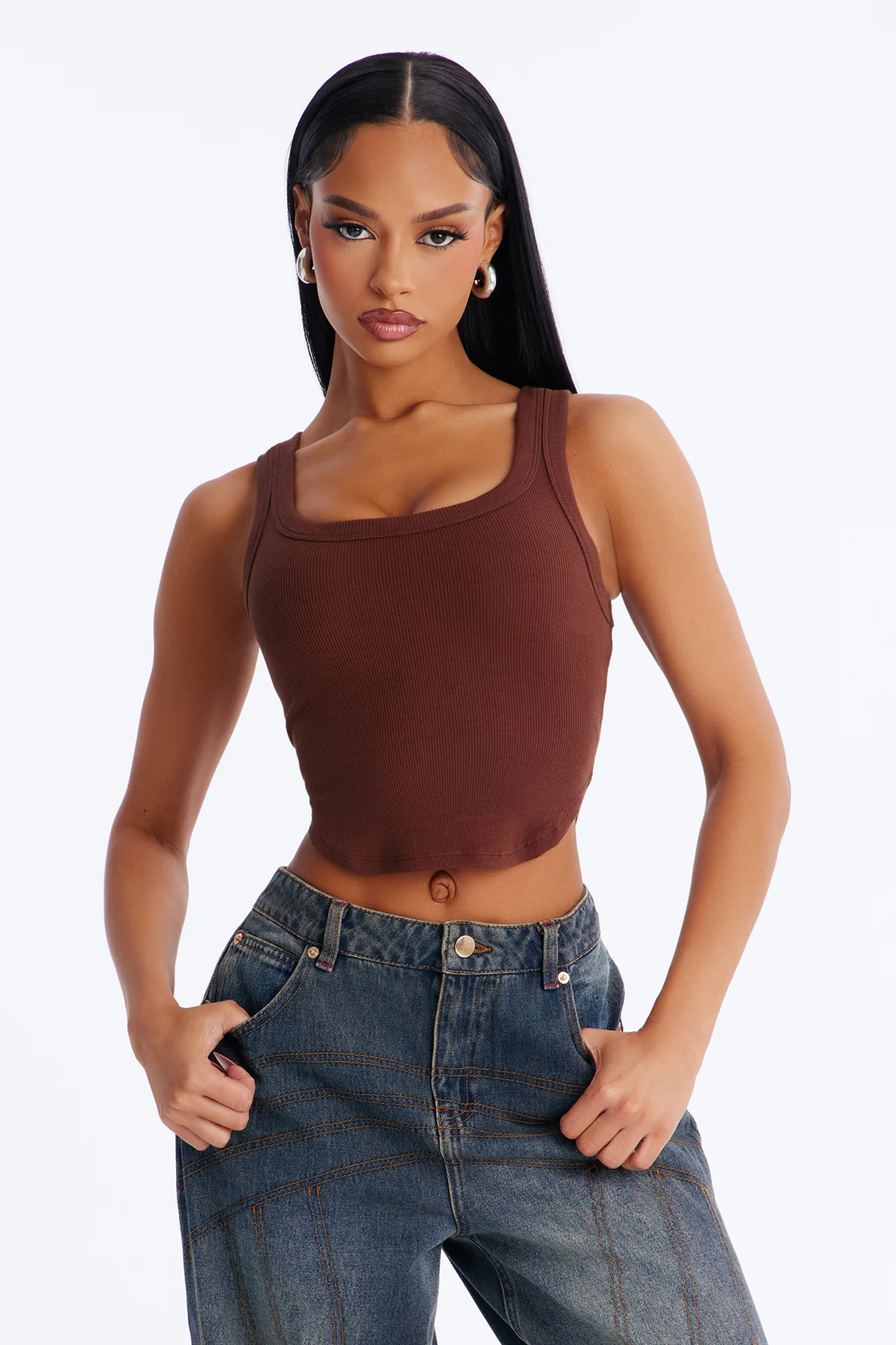 Haily Rib Square Neck Tank Top - Brown