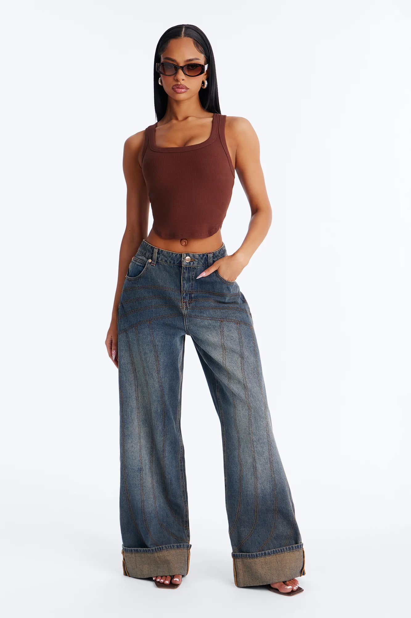 Haily Rib Square Neck Tank Top - Brown - Image 2