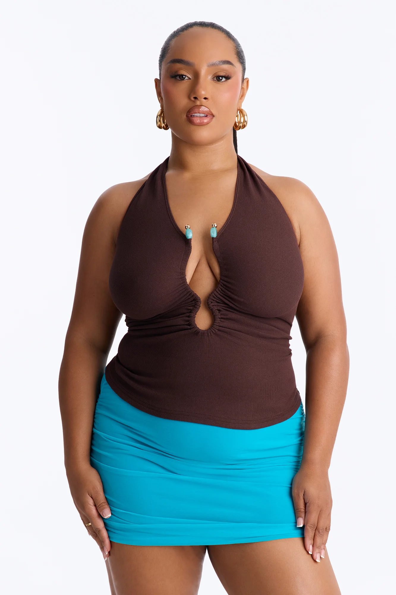Haley Hardware Ruched Ribbed Halter Top - Chocolate - Image 6