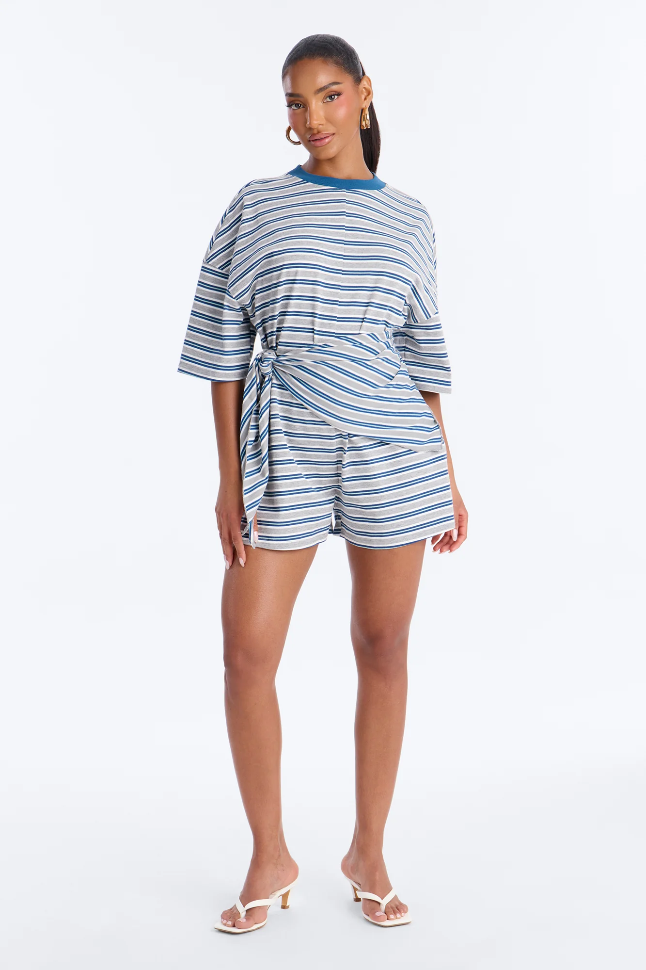 Halle Striped Waist Scarf Romper - Grey