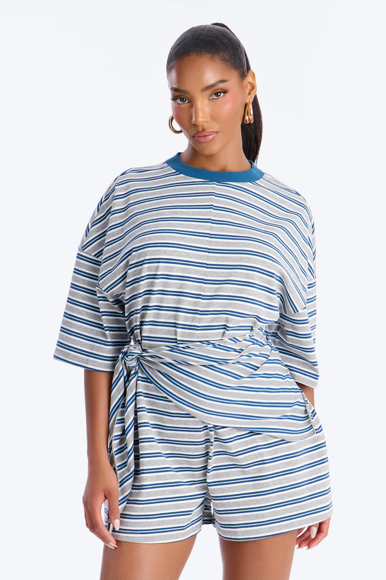 Halle Striped Waist Scarf Romper - Grey - Image 2