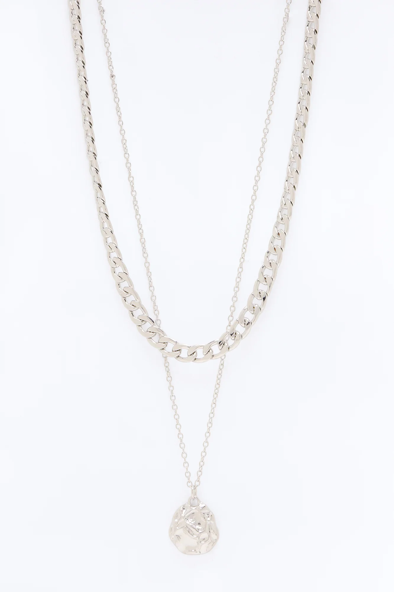 Hammered Pendant Cuban Chain Necklace Set - Silver - Image 3