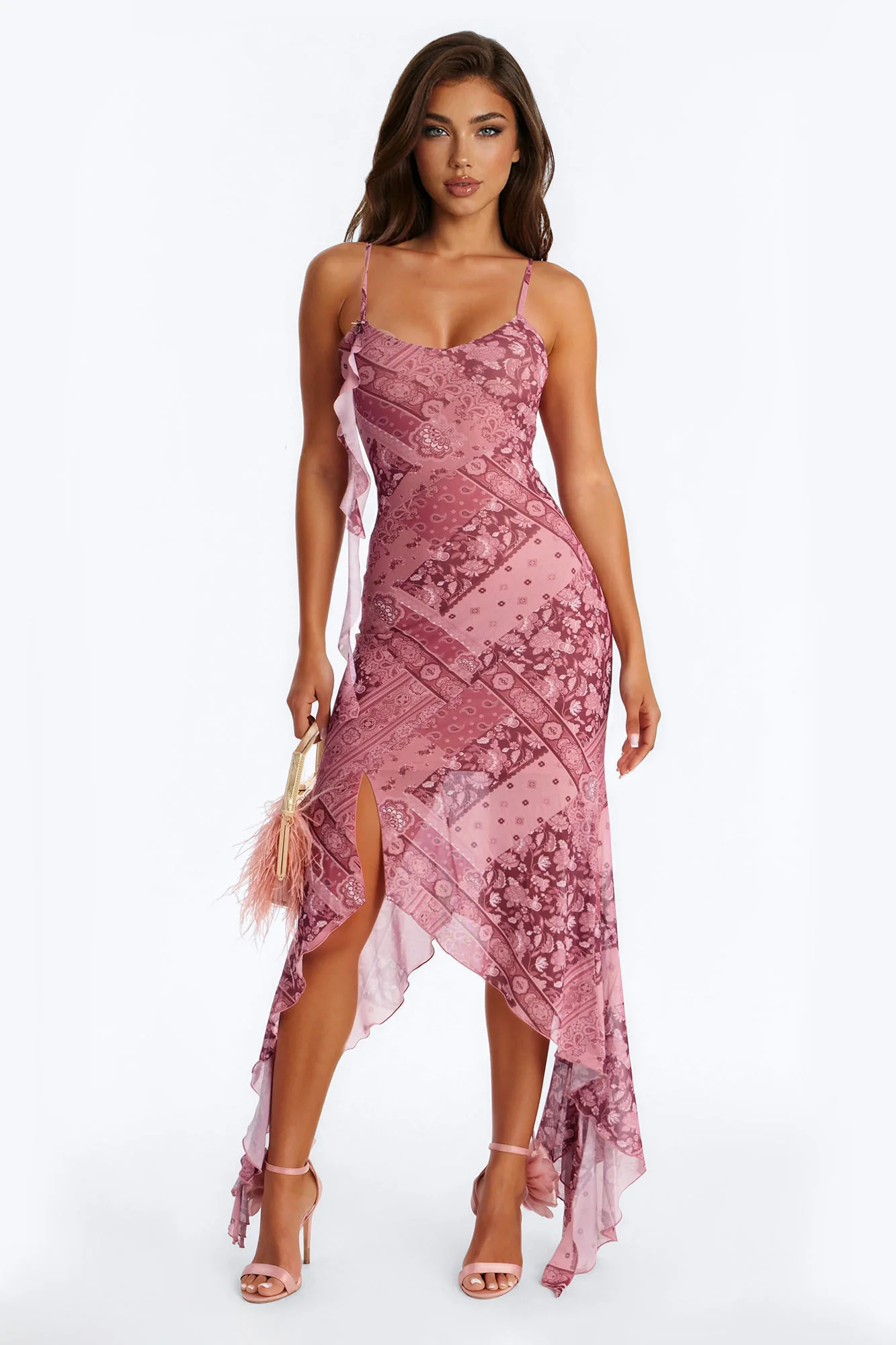 Harper Patchwork Mesh Midi Dress - Burgundy