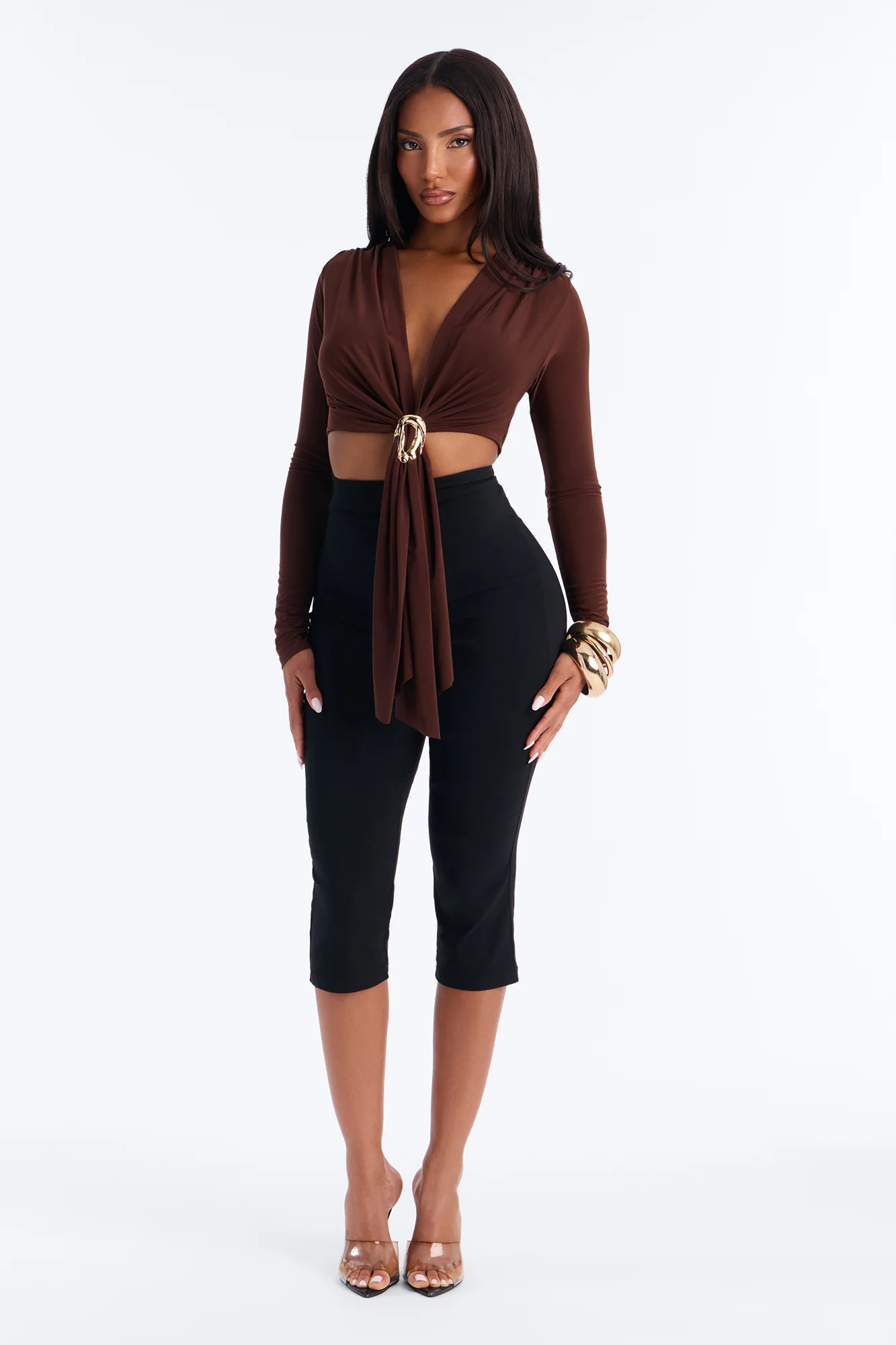 Havana Hardware Draped Long Sleeve Top - Chocolate - Image 2