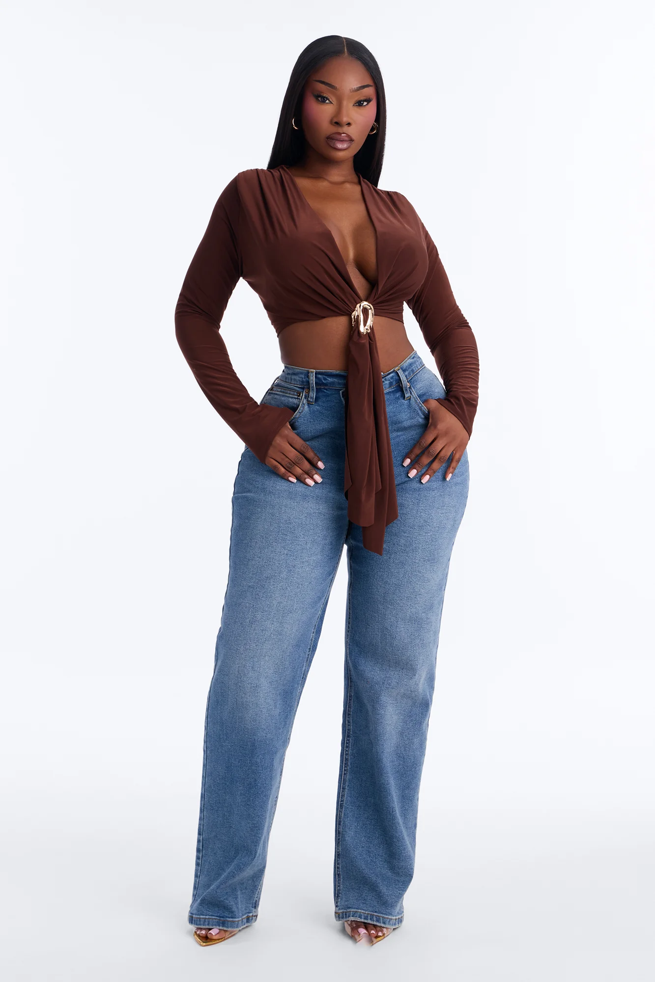 Havana Hardware Draped Long Sleeve Top - Chocolate - Image 5