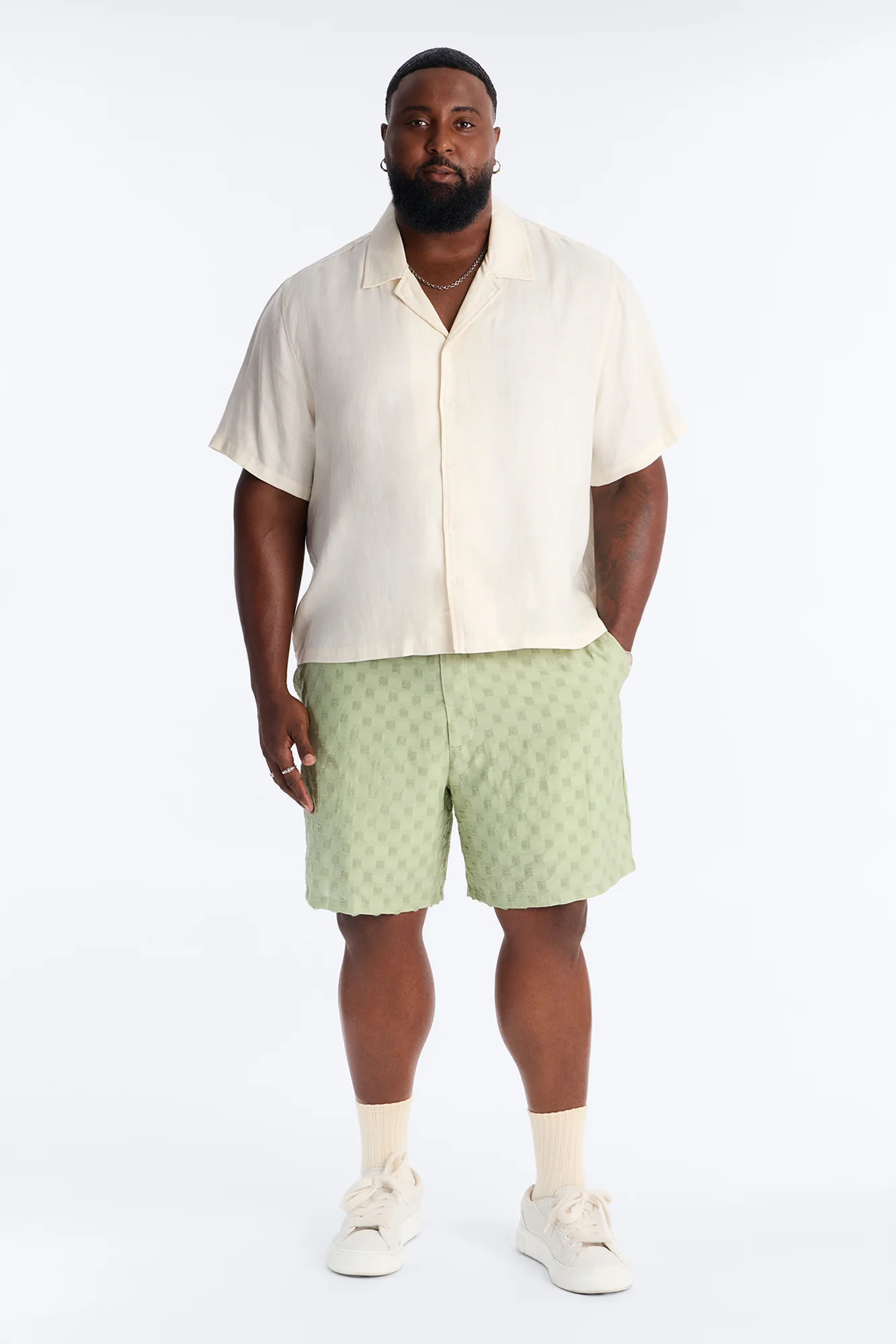 Hazy Textured Checkered Relaxed Short - Sage - Image 6