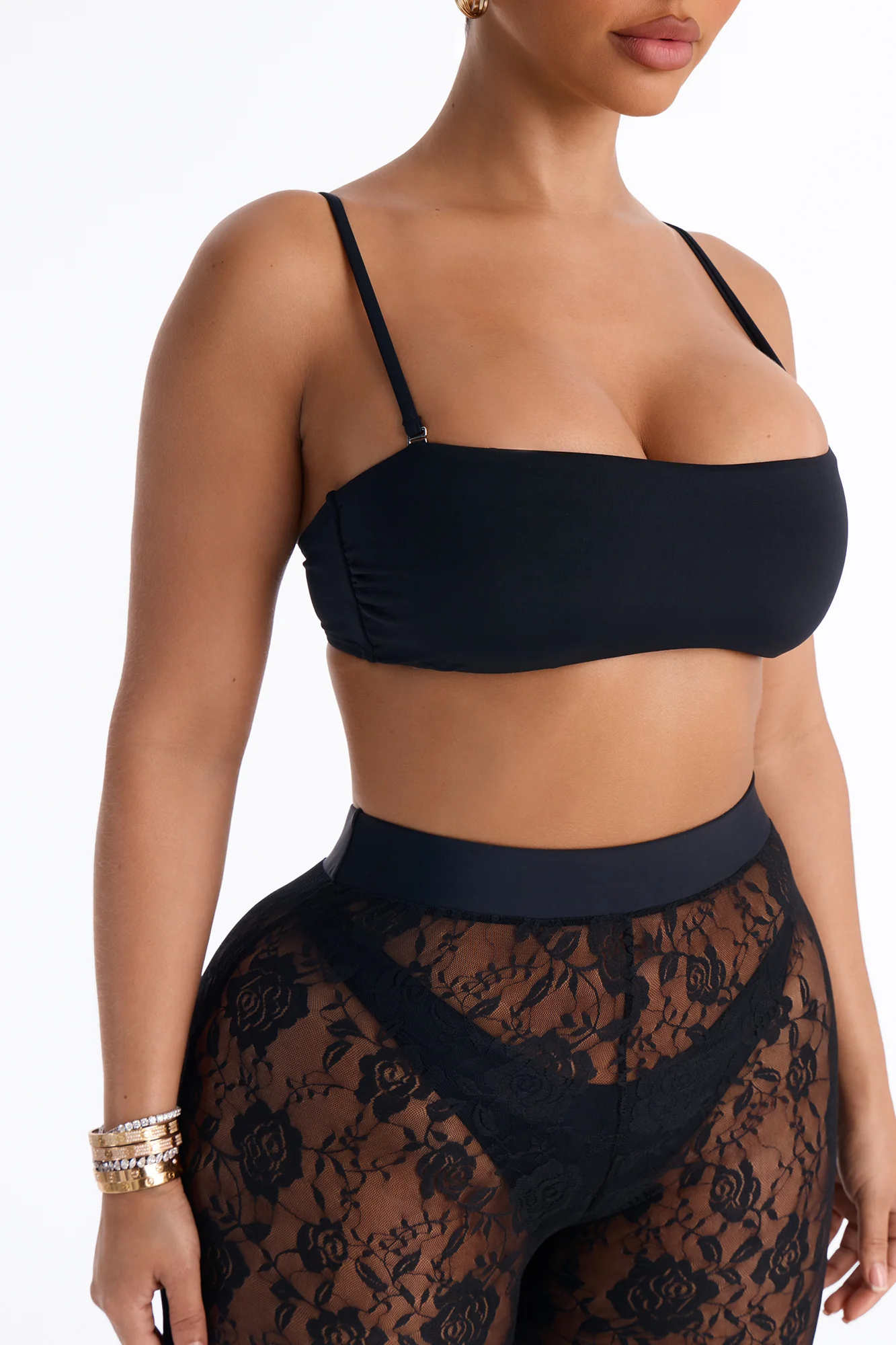 Heat Check 3 Piece Bandeau Bikini & Lace Cover Up Pant Sunsuit - Black - Image 3