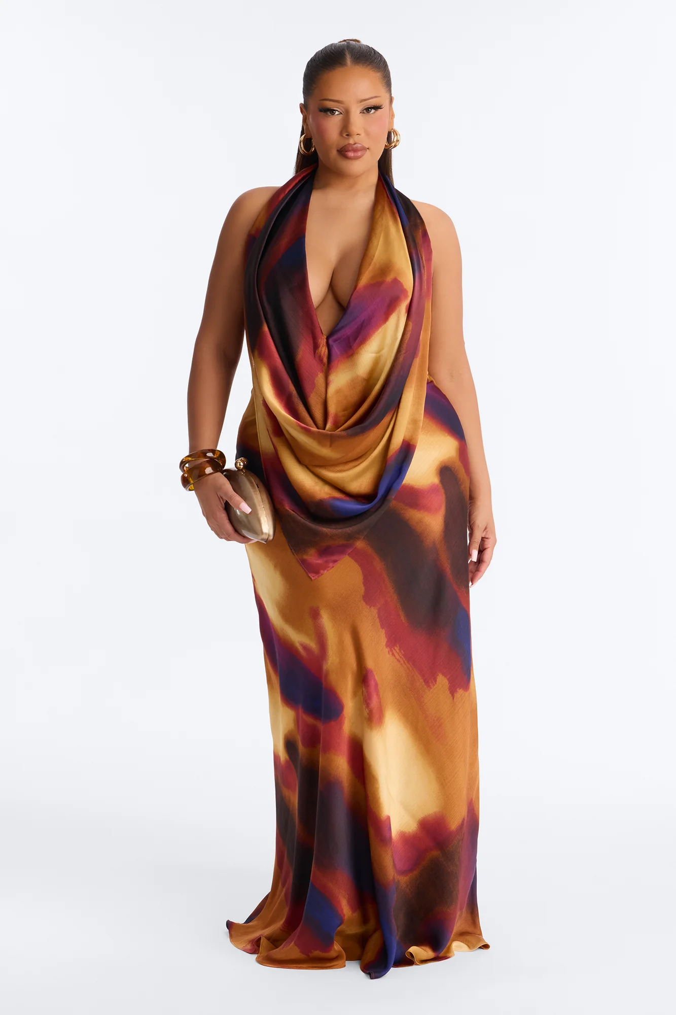 Heat Check Cowl Neck Satin Maxi Dress - Plum/Multi - Image 6