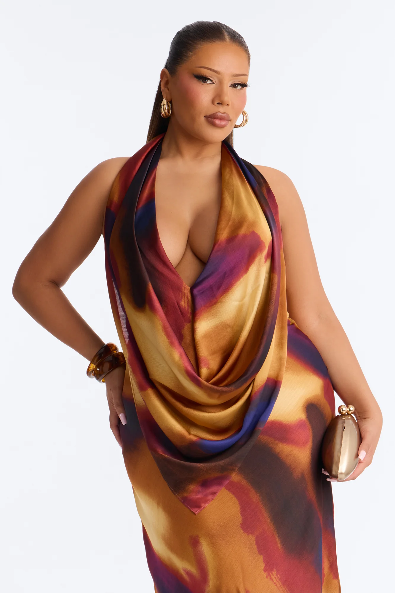 Heat Check Cowl Neck Satin Maxi Dress - Plum/Multi - Image 7