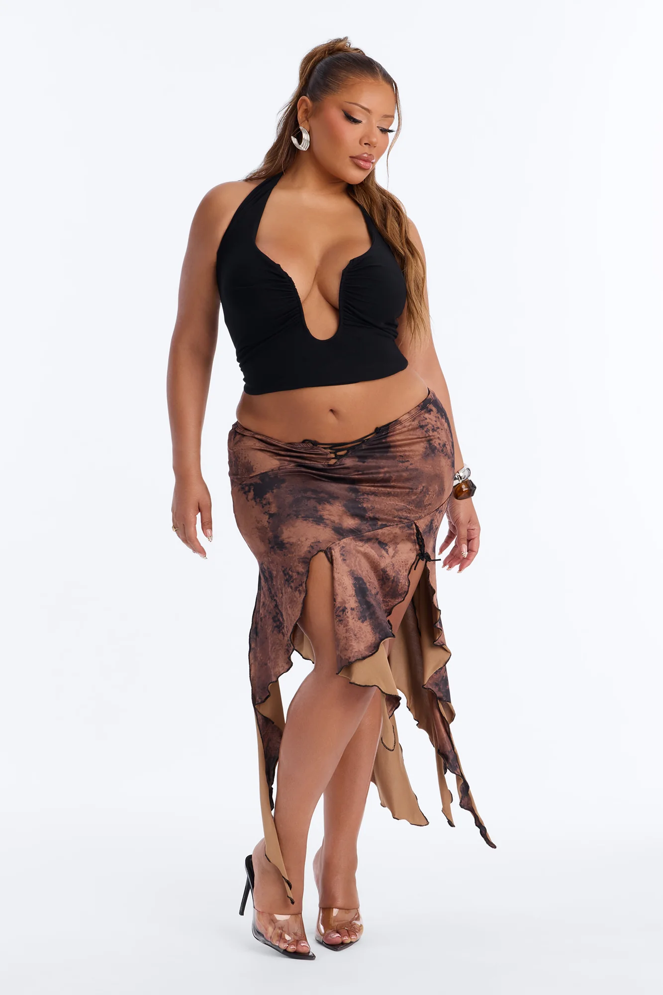 Heat Wave Abstract Asymmetrical Midi Skirt - Brown/combo - Image 5