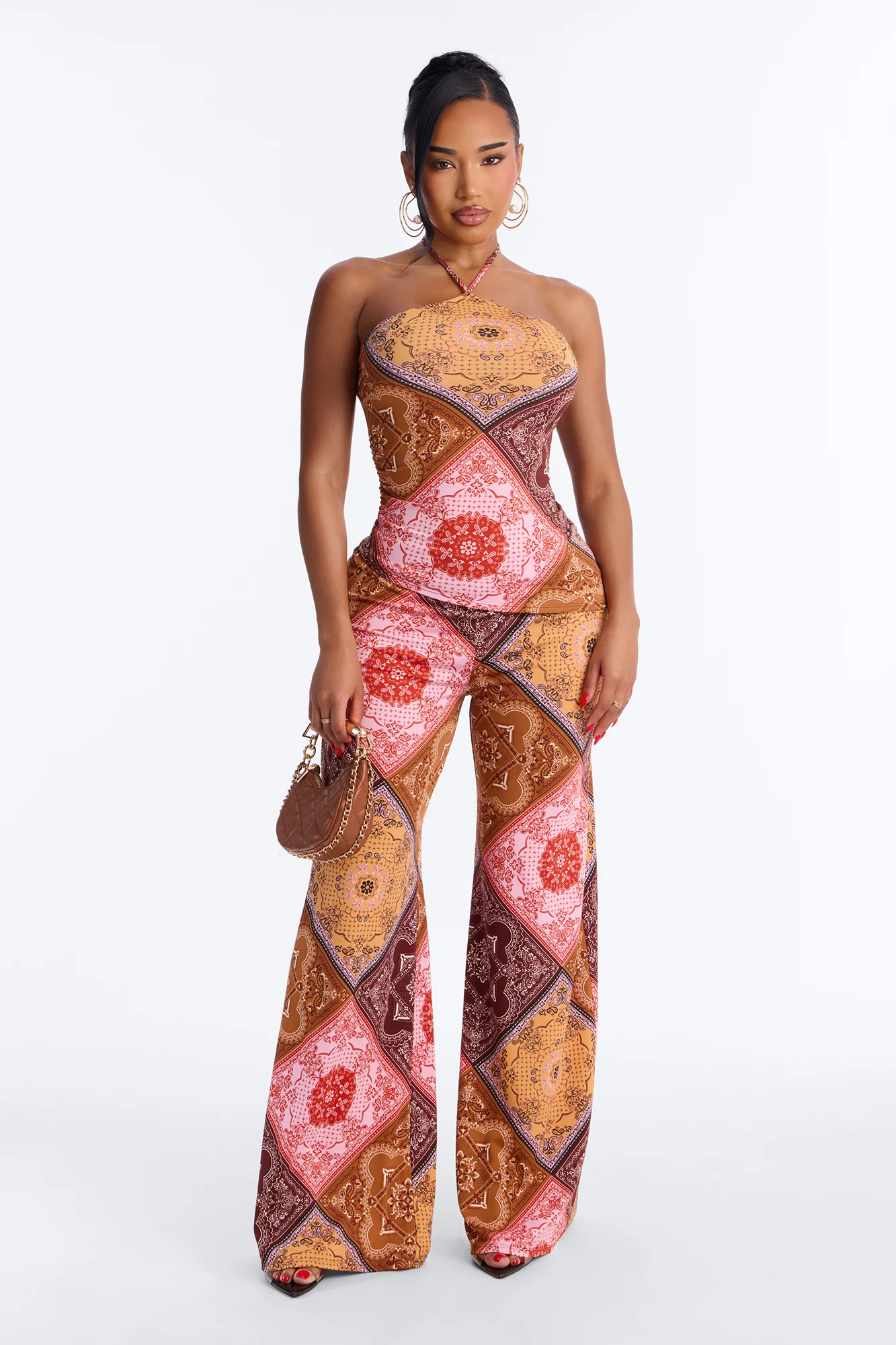 Heather Bandana Print Halter Pant Set - Pink/combo