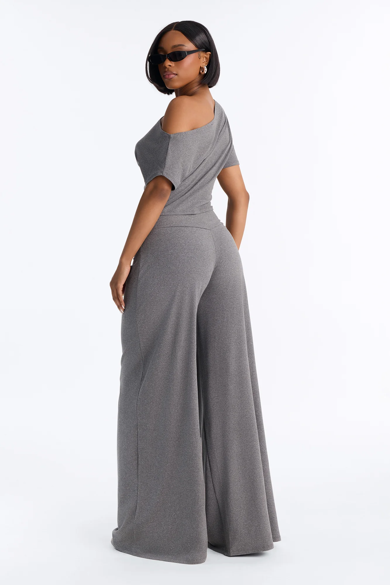 Heather Off Shoulder Pant Set - Charcoal - Image 4