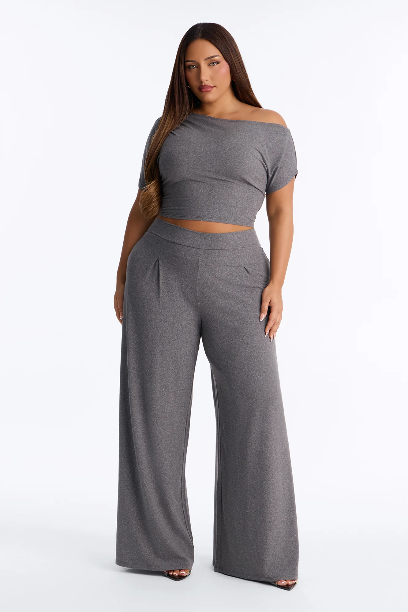 Heather Off Shoulder Pant Set - Charcoal - Image 5