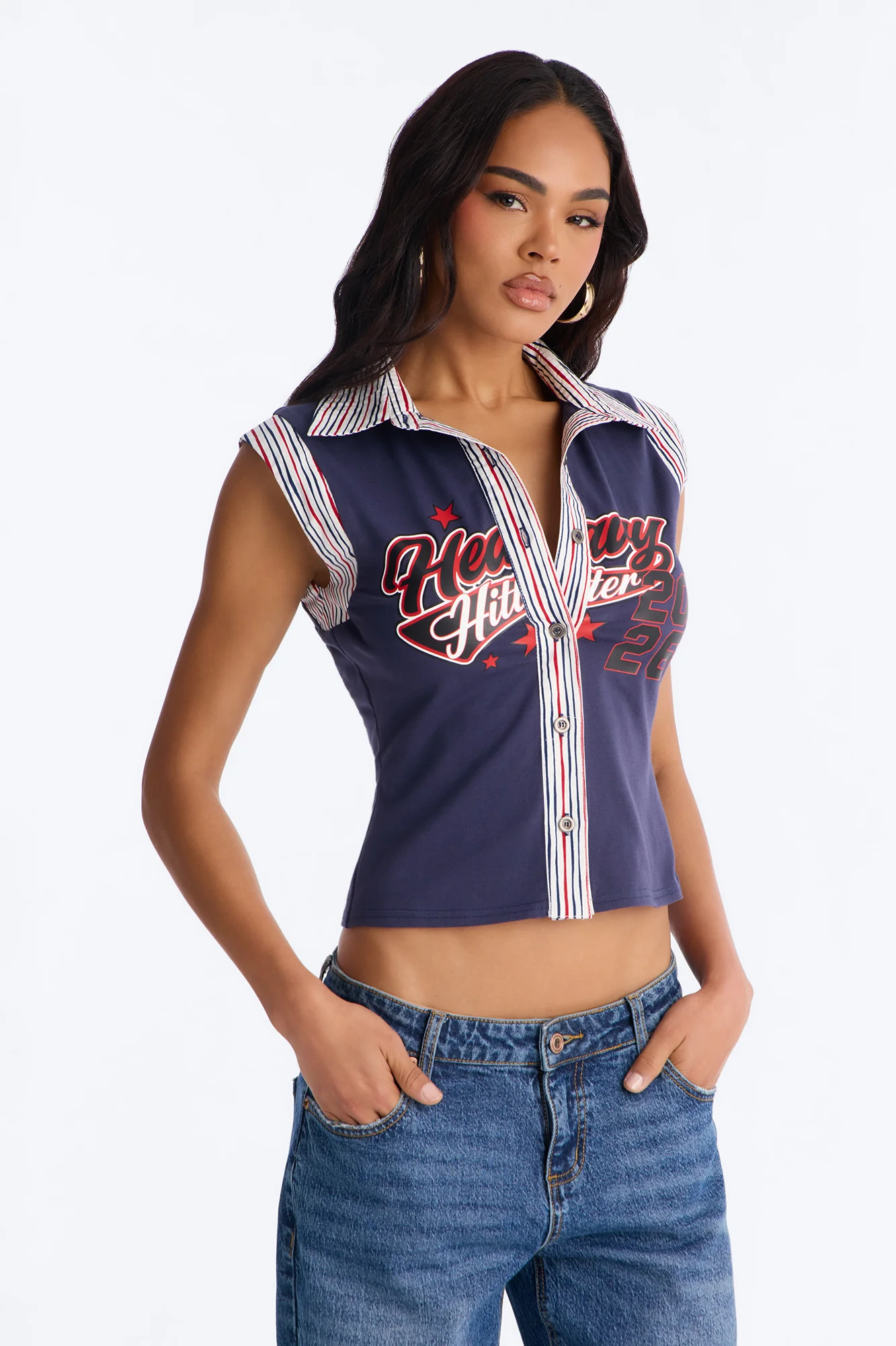 Heavy Hitter Button Front Collar Top - Navy