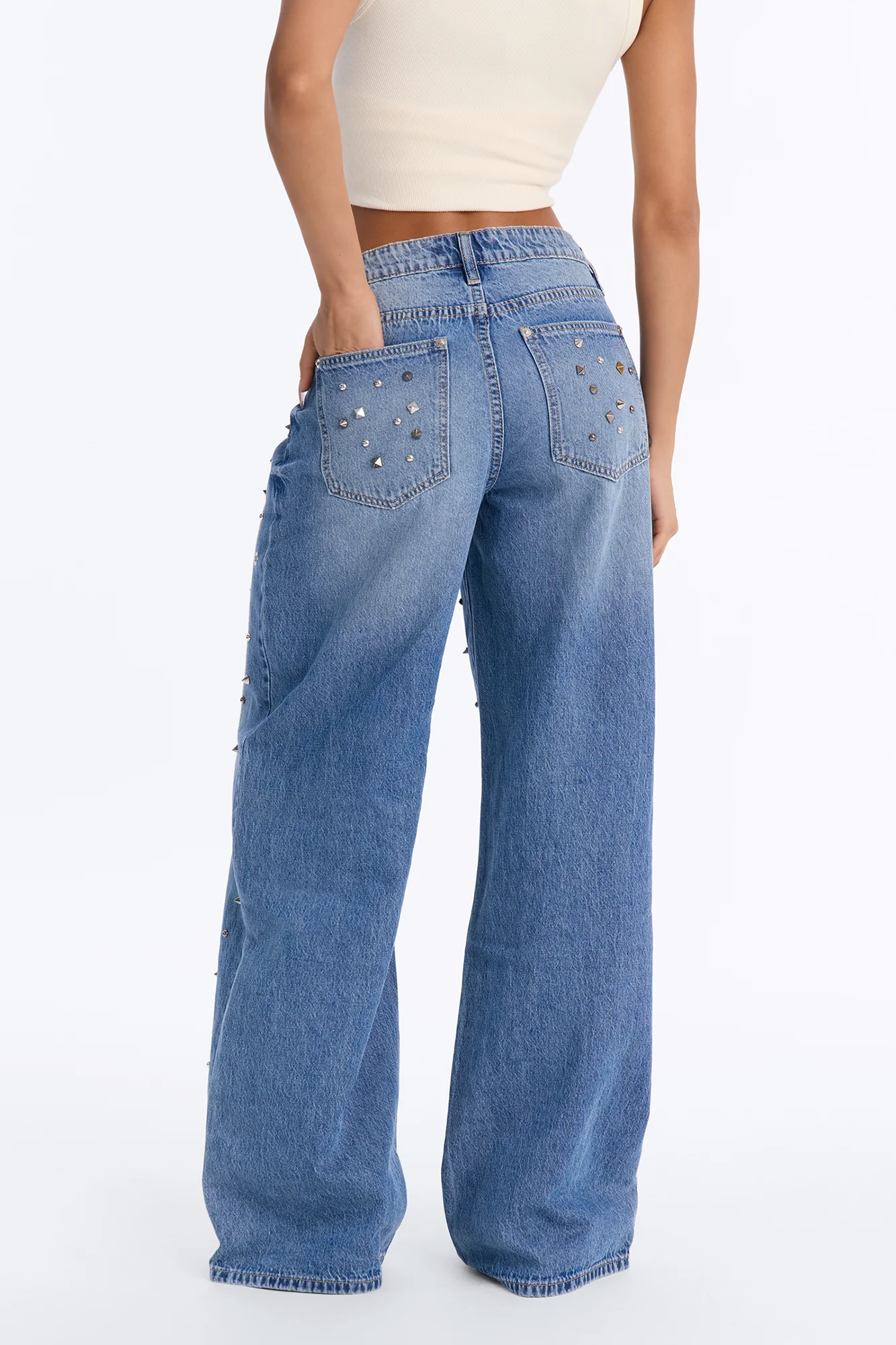 Heavy Hitter Studded Embellished Wide Leg Jeans - Medium Wash - Image 4