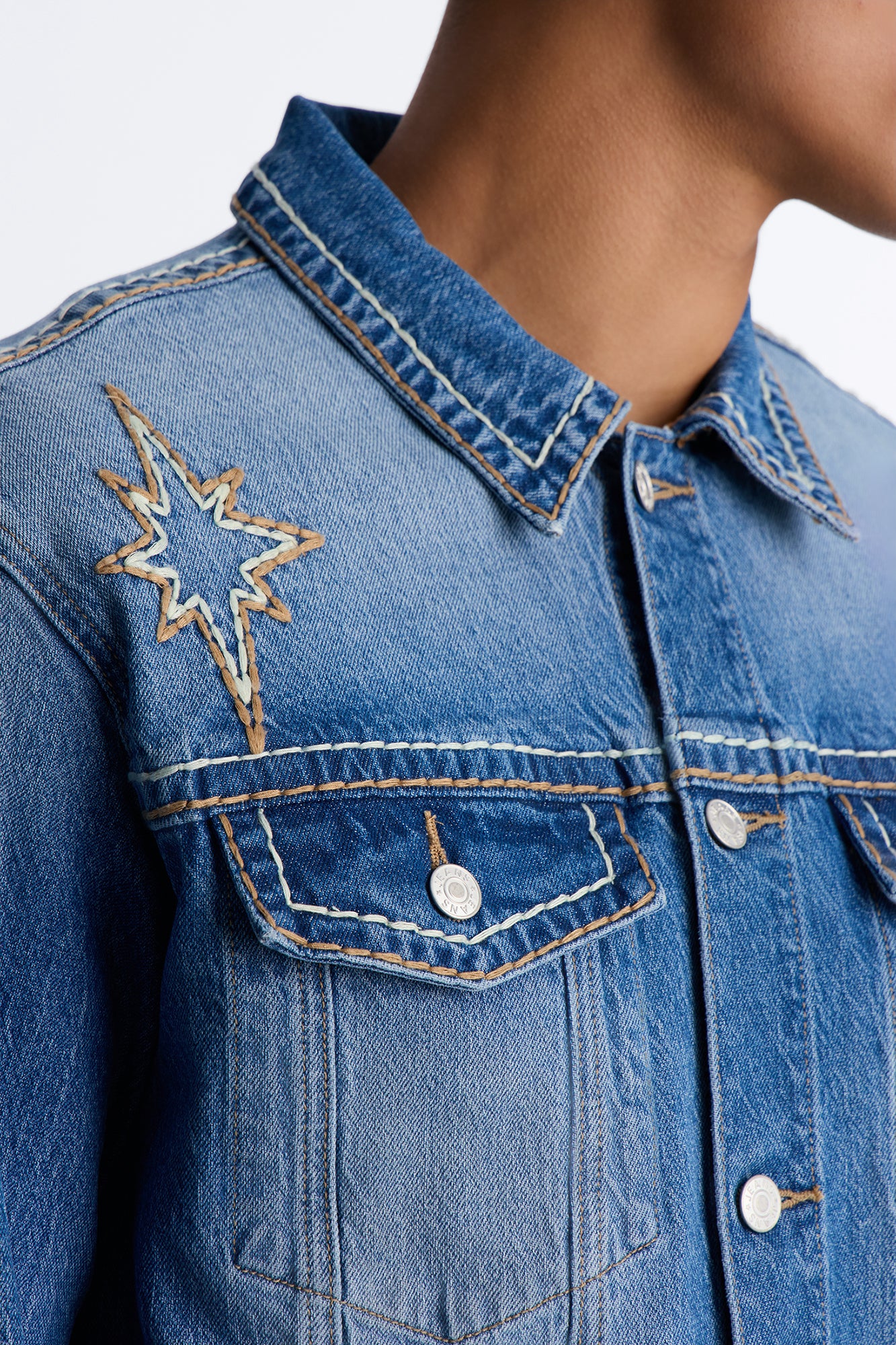 Heavy Stitch Astor Denim Trucker Jacket - Medium Blue Wash - Image 3