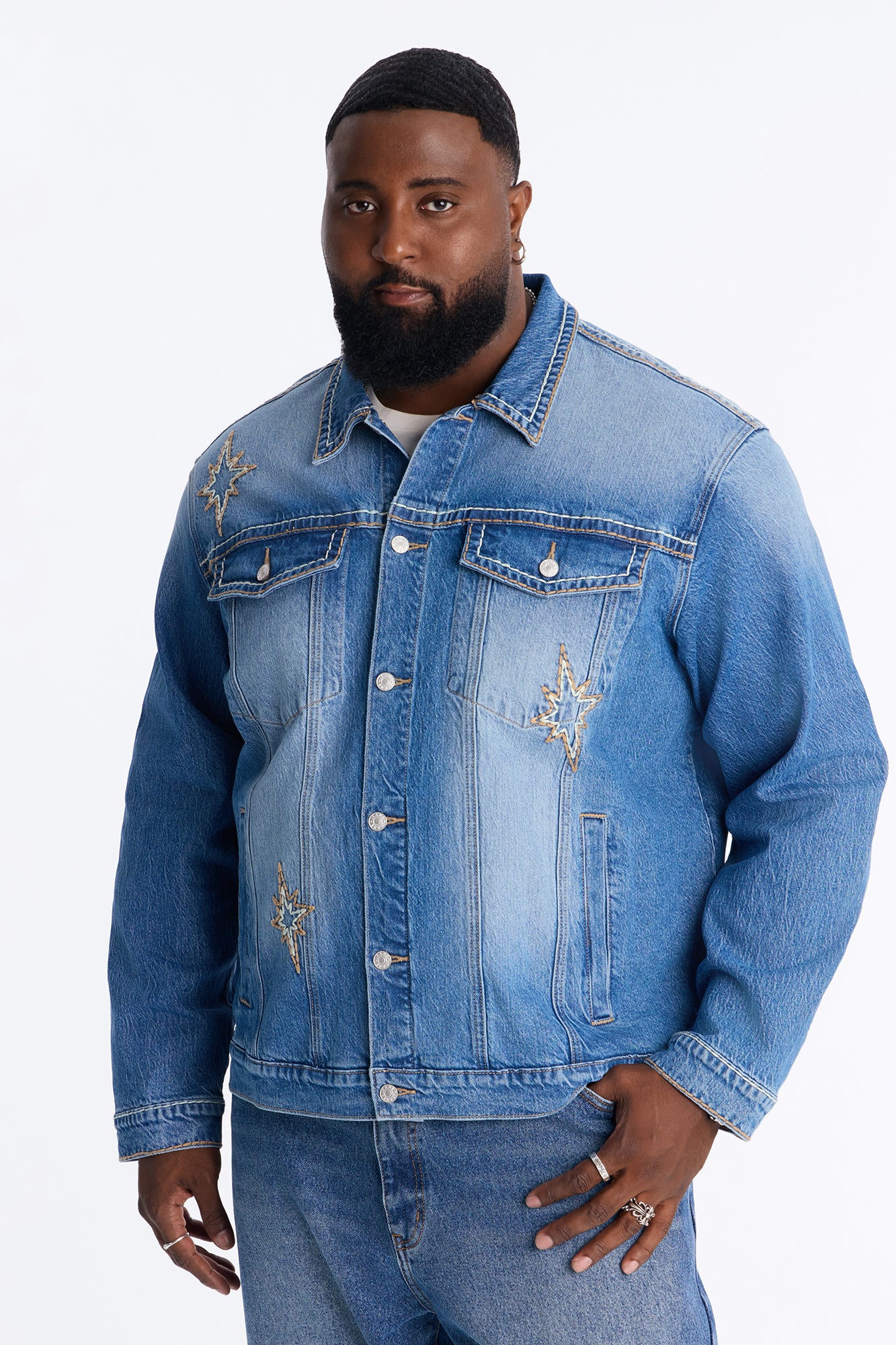 Heavy Stitch Astor Denim Trucker Jacket - Medium Blue Wash - Image 5