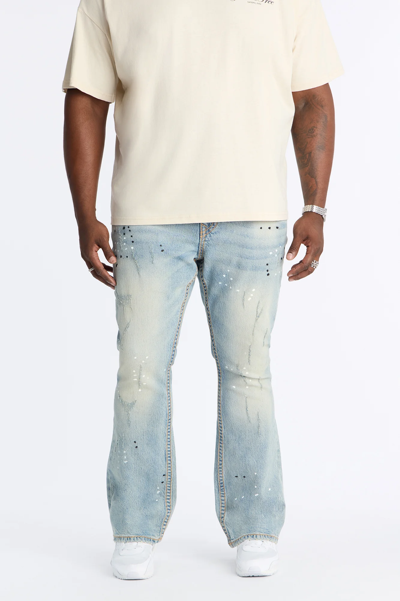 Heavy Stitch Splatter Stacked Skinny Flare Jean - Light Blue Wash - Image 5