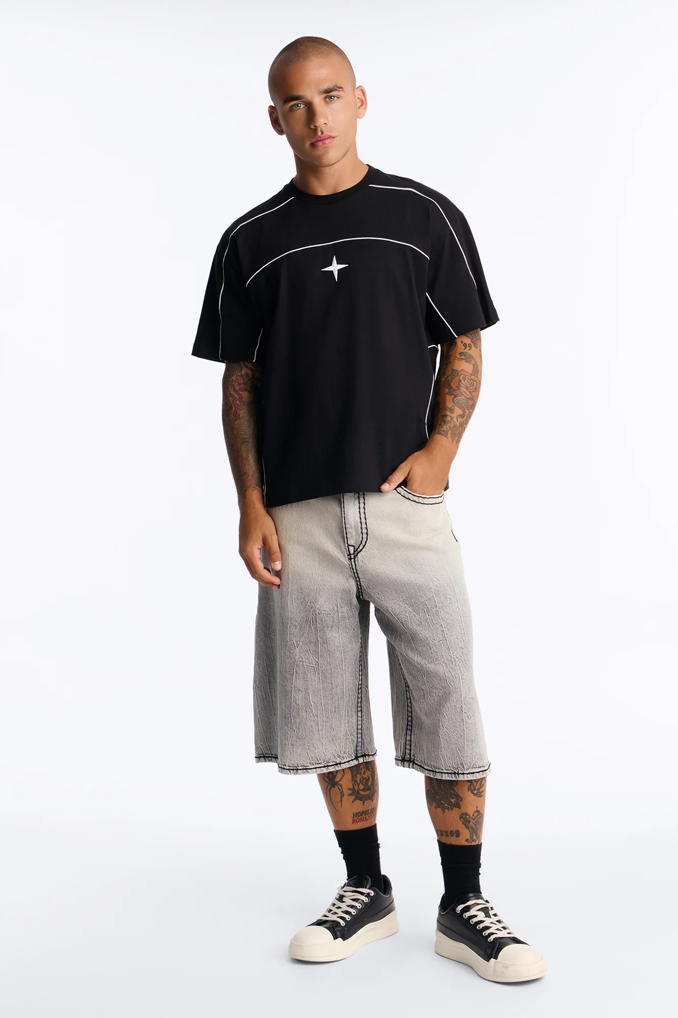 Heavy Stitch Sun Faded Baggy Denim Short - Grey - Image 2